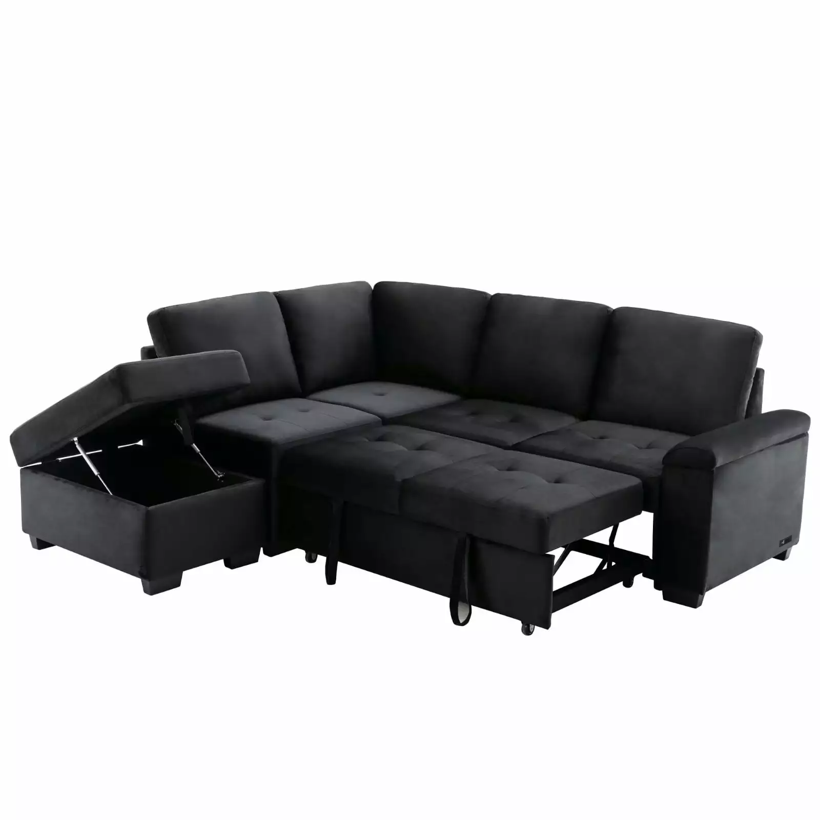 Convertible Sleeper Sofa Bed with Pull Out Bed. Velvet L-Shaped Corner Couch with Storage Ottoman & Hidden Arm Storage & USB Charge. Modular Sectional Sofa for Living Room Apartment. Black