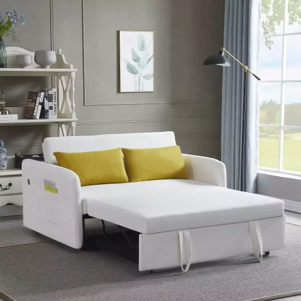 Convertible Sleeper Sofa Bed with Pull-Out Couches. 55.5 W. Loveseat with Adjustable Backrest. 2 Pillows and 2 Removable Arm Pockets for Living Room. Cream White