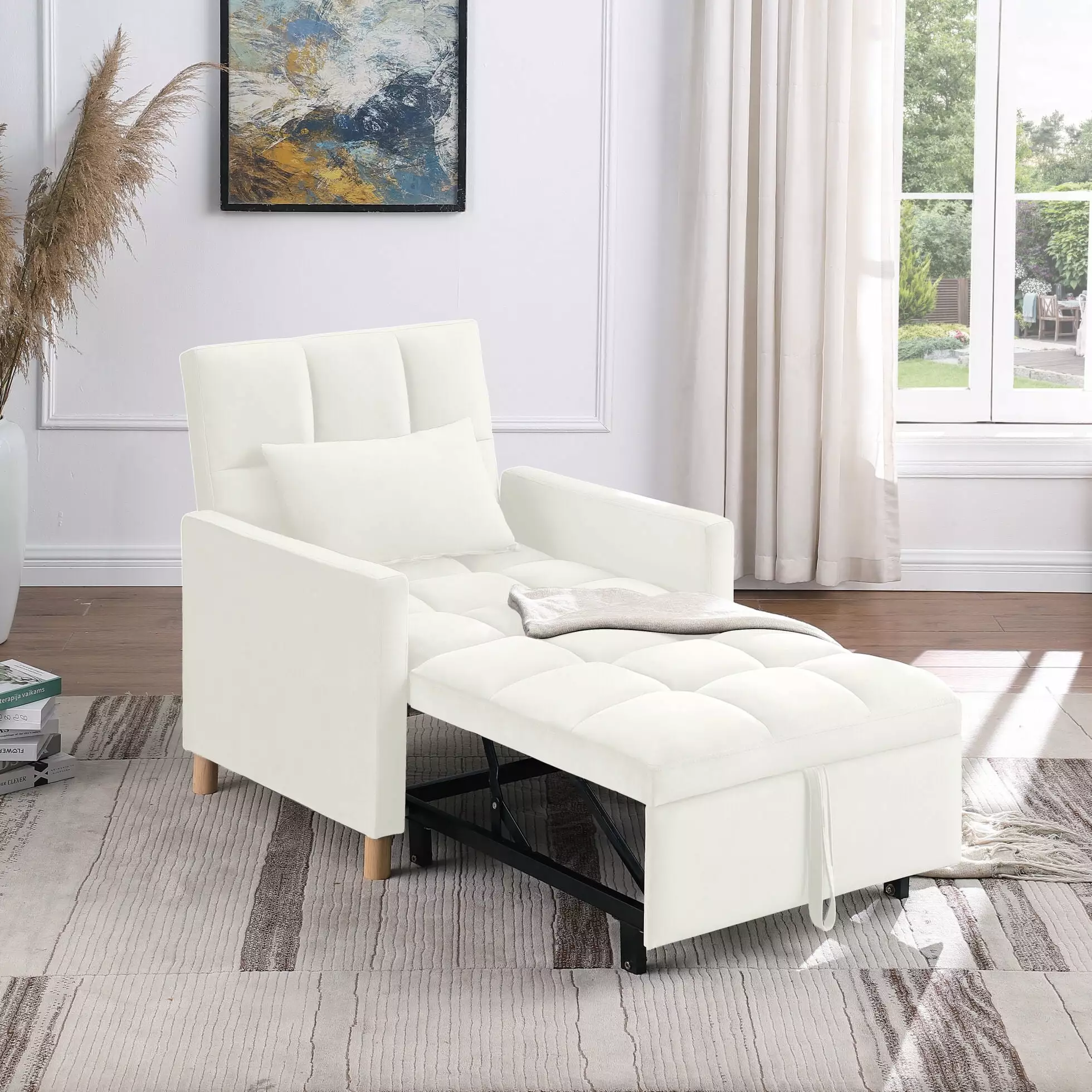 Convertible Sleeper Sofa Chair Bed. 3-in-1 Sleeper Chair Bed. Soft Velvet Armchair Recliner with Adjustable Backrest and Pillow. Modern Tufted Sofa Chair for Living Room Bedroom Small Space. Beige