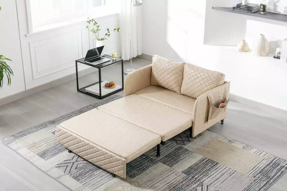 Convertible Sleeper Sofa. Modern PU Leather Loveseat Couch with Pull Out Bed and Headboard. Upholstered Futon Sofa Bed with 2 Pillows and Side Pockets for Living Room Bedroom. Camel