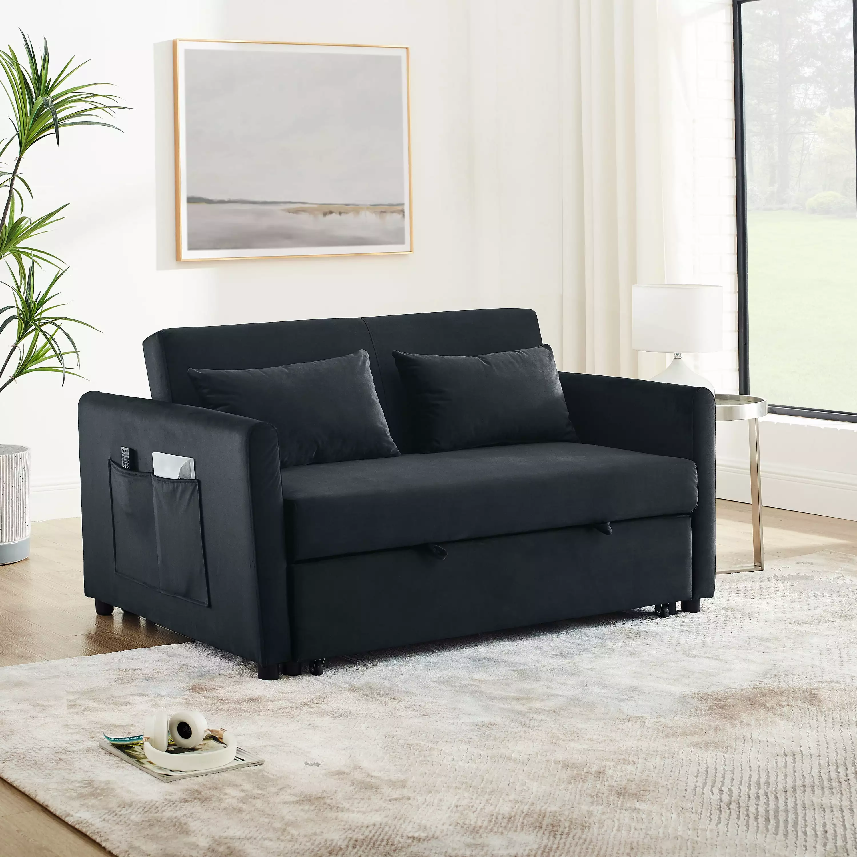 Convertible Sofa Bed. 3-in-1 Versatile Velvet Double Sofa with Pullout Bed. Seat with Adjustable Backrest. Lumbar Pillows. and Living Room Side Pockets. 54 Inch. Black