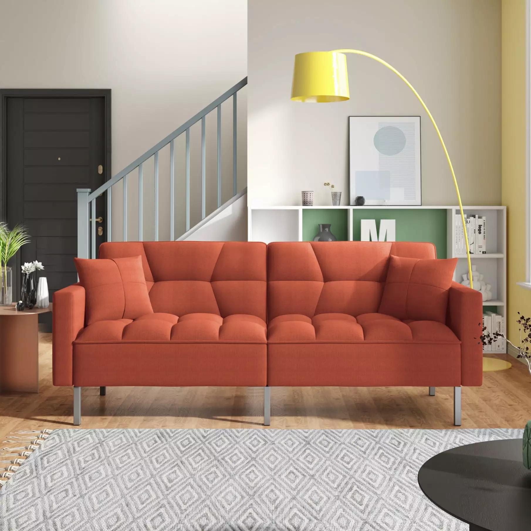 Convertible Sofa Bed. 74.8 Folding Futon Sofa Couch Bed with 2 Pillows. Modern Linen Upholstered Recliner Sleeper Sofa for Compact Living Room Small Apartment Dorm. Orange