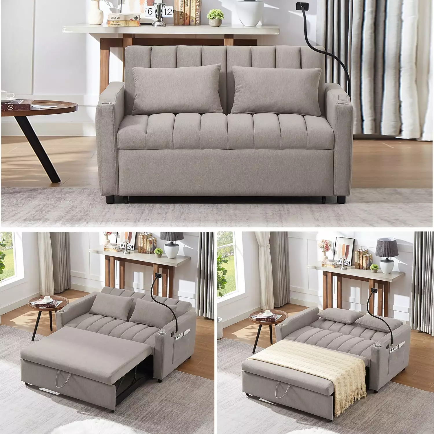 Convertible Sofa Bed Loveseat with USB Ports. Side Pockets. Cup Holders. and 360?? Swivel Phone Holder. Light Grey