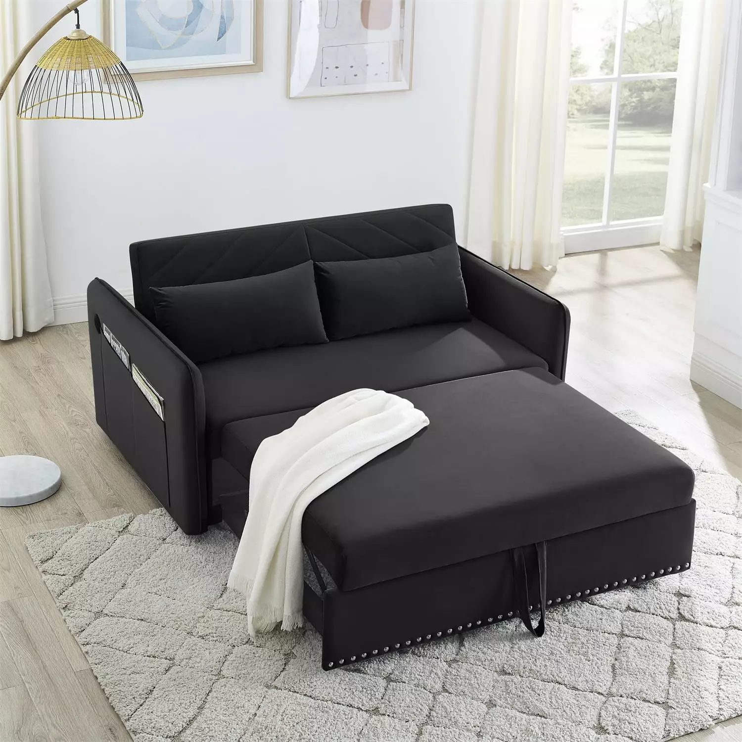 Convertible Sofa Bed Modern Velvet Loveseat with Adjustable Recliner and Pull Out Bed Sofa Bed Sleeper with 2 Lumbar Pillows and Side Pocket 3-in-1 Adjustable Sleeper for Living Room. Black