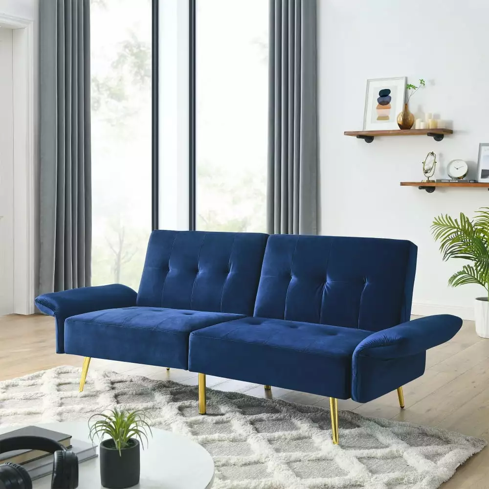 Convertible Sofa Bed.Velvet Reversible Loveseat with Removable Armrests and Metal Legs.Futon Sofa Bed with Storage Bags for Living Room and Bedroom.Navy