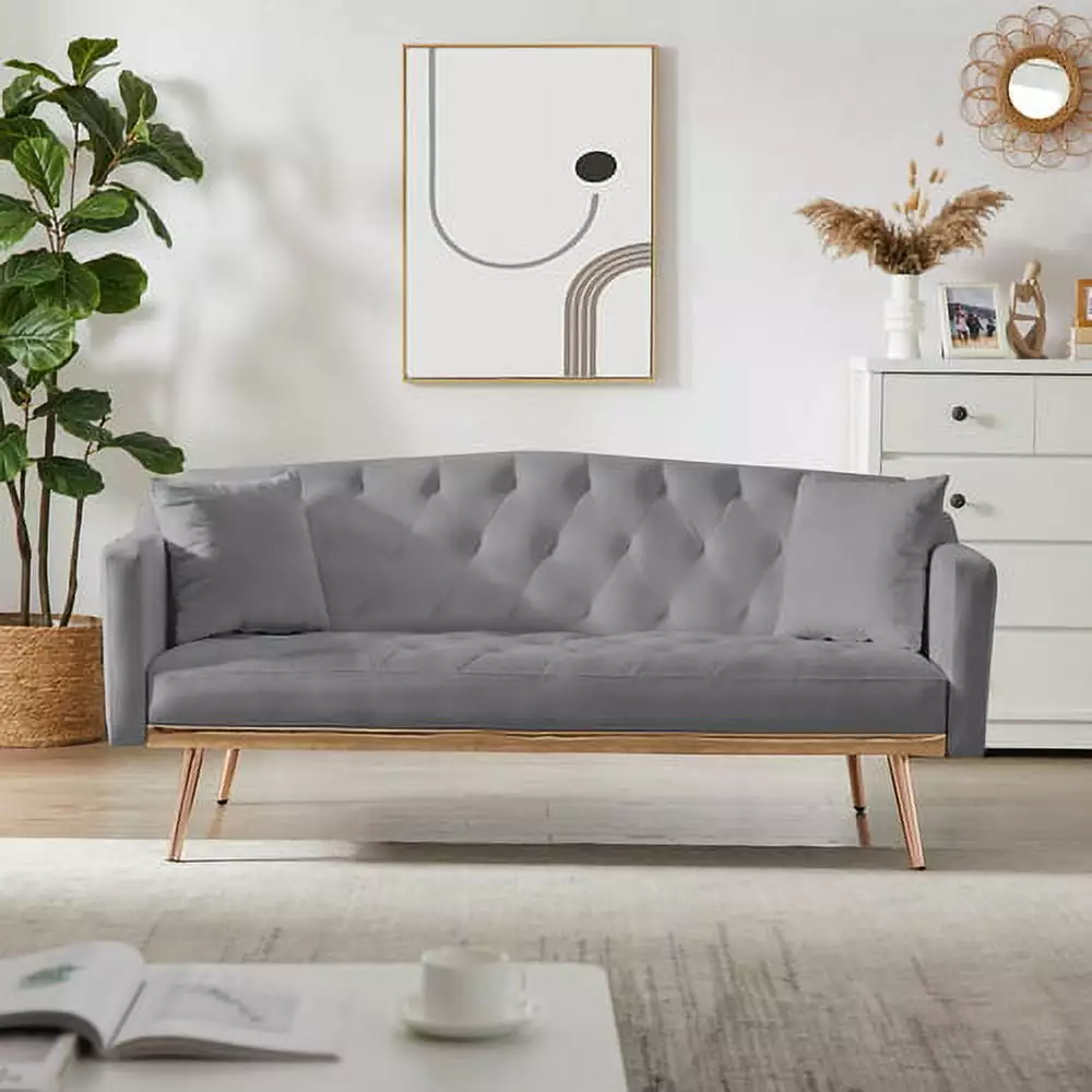 Convertible Velvet Futon Sofa Bed. Modern Loveseat Sleeper Sofa Couch with 3 Adjustable Positions and Two Pillows. Suitable for Living Room. Bedroom. Small Space .Gray