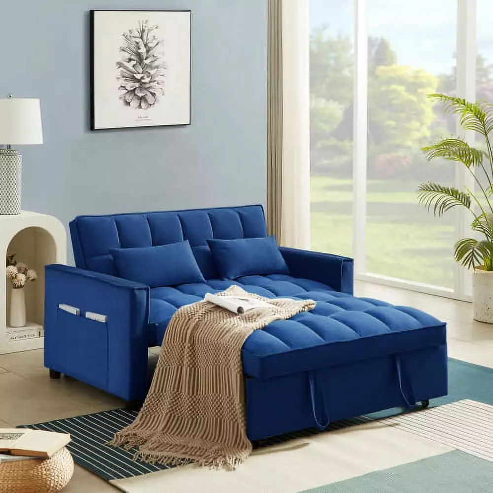 Convertible Velvet Sleeper Sofa Bed. 55.2 Velvet Loveseat Sofa Modern Pull Out Sofa Bed Lounge Chaise Armchair with Adjustable Backrest.2 Lumbar Pillows.Small Couch for Home Office (Navy)