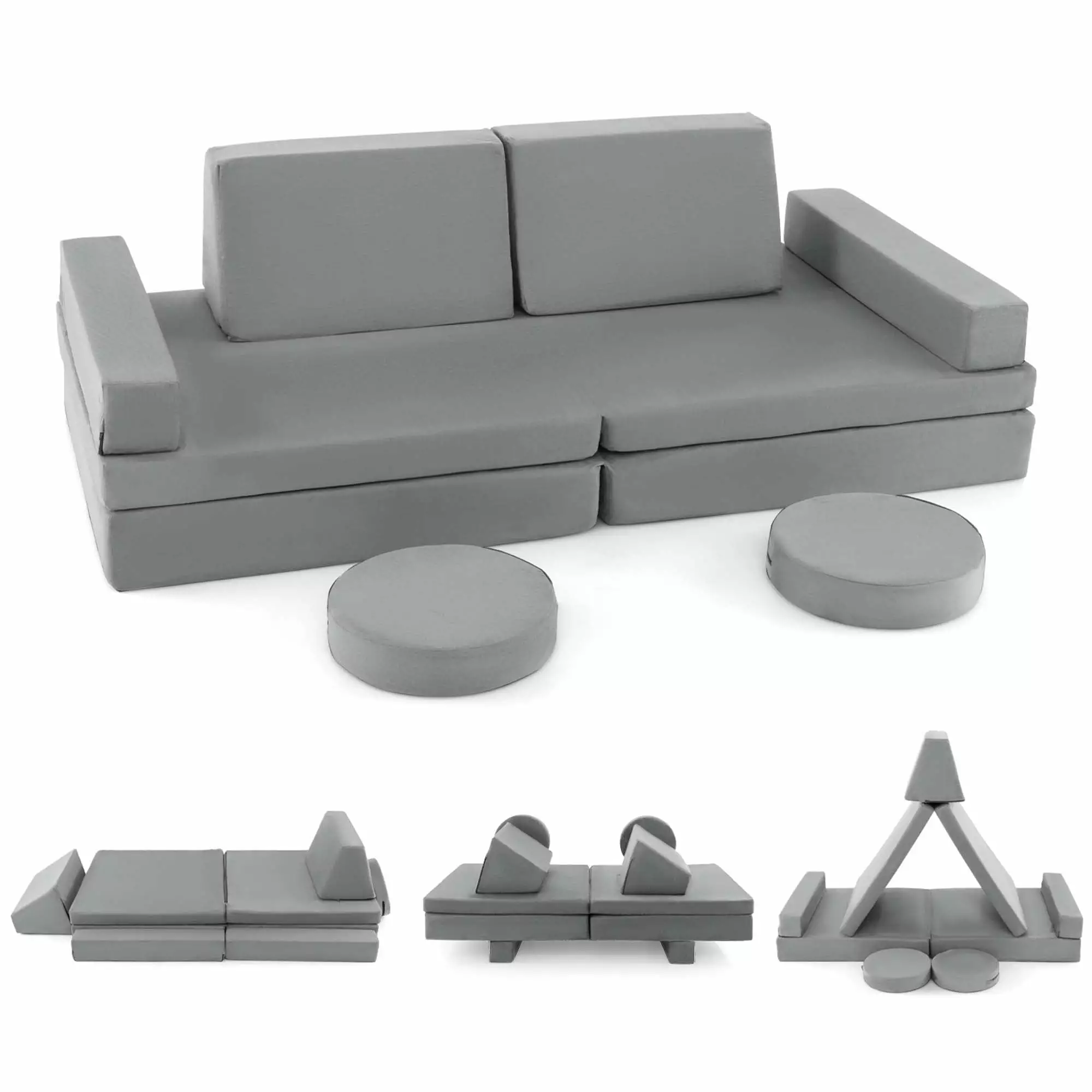 Costway 10 PCS Kids Play Sofa Set Modular Convertible Foam Folding Couch Toddler Playset Grey