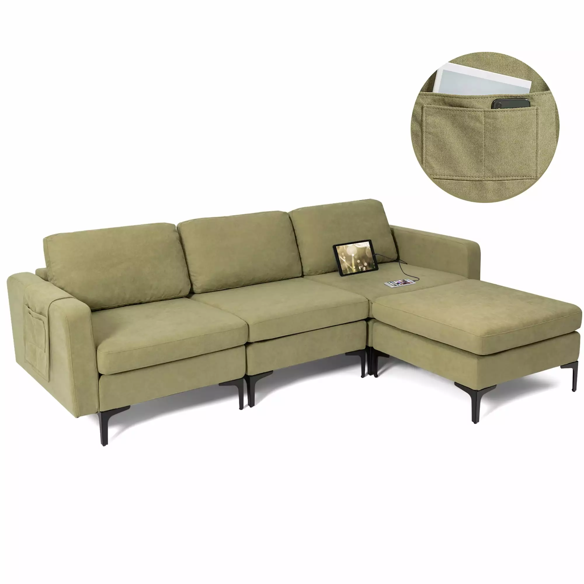 Costway Modular L-shaped 3 Seat Sectional Sofa w/ Reversible Chaise & 2 USB Ports Green