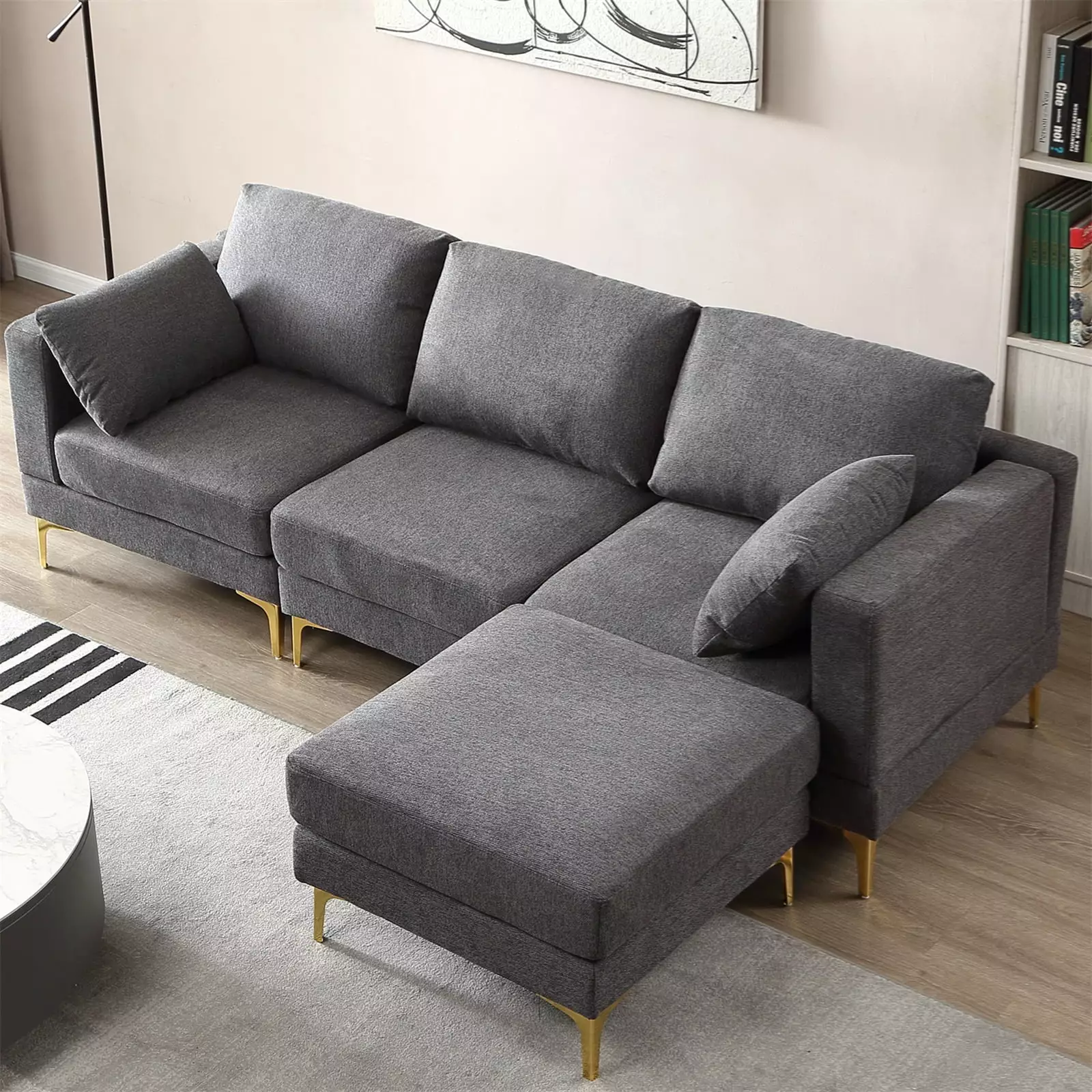 Couch. Sofa with 2 Pillows. L Shape Modular Sectional Sofa with Golden Metal Sofa Legs. Sectional Couches for Living Room Bed Room Office. Sofa Couches Filled with Down. Load 900Lbs. Light Gray