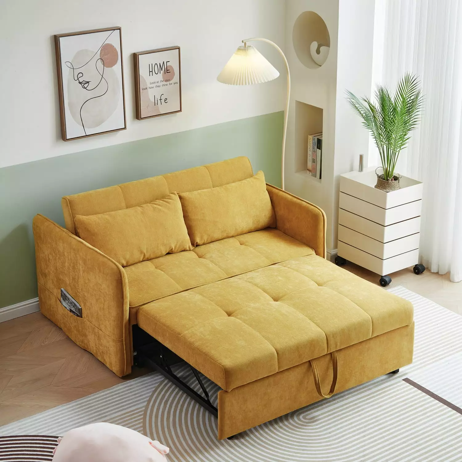 Cozy Chenille Fabric Pull-Out Sleeper Loveseat Couch With Adjustable Armrests in Vibrant Yellow Color [VIDEO Provided]