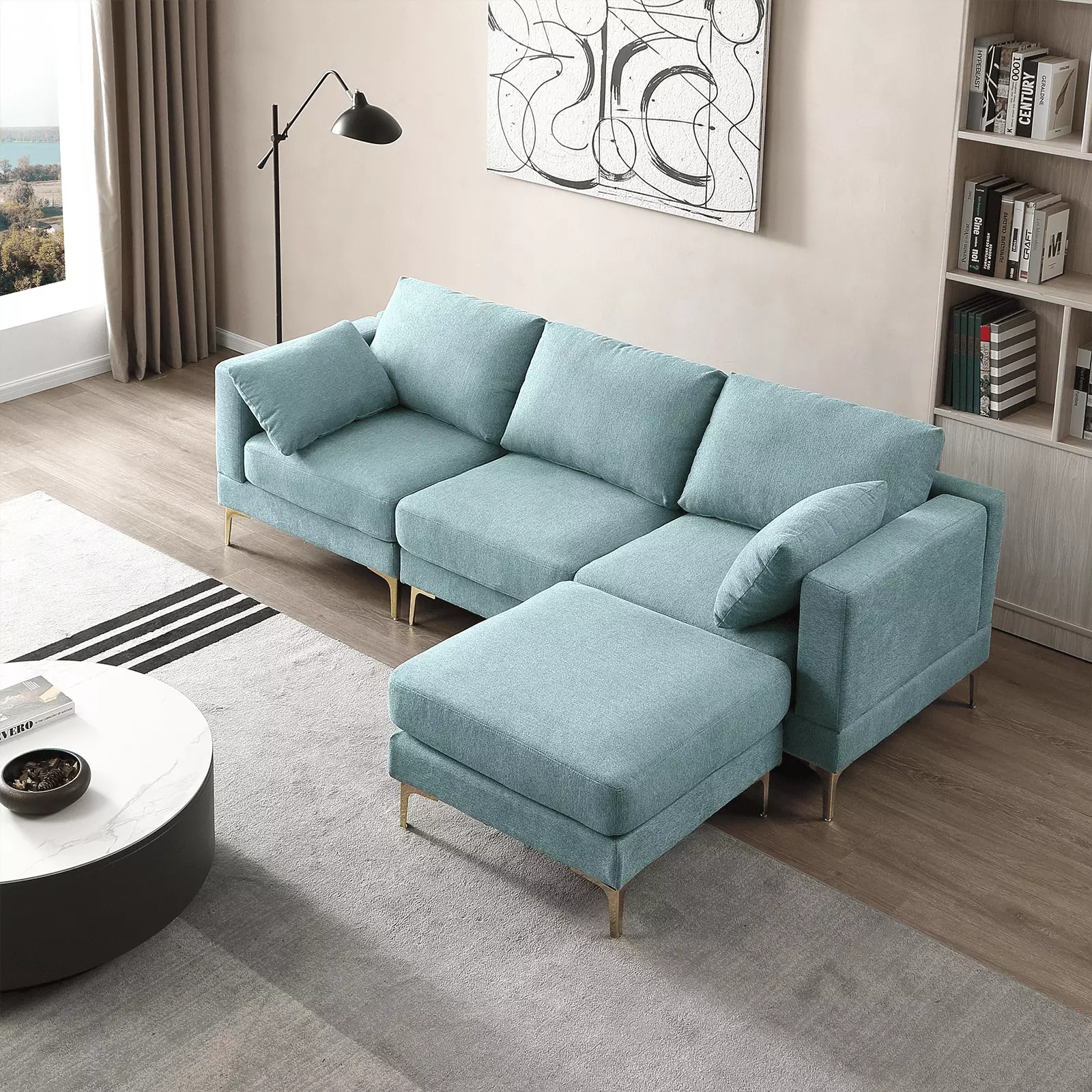 DECORAflex 93'' Sectional L-Shape Sofa Couch .Modern Leisure 3-Seat Sofa with Removable Ottoman Footrest and Metal Legs.Upholstered Couch for Living Room. Bedroom.Turquoise