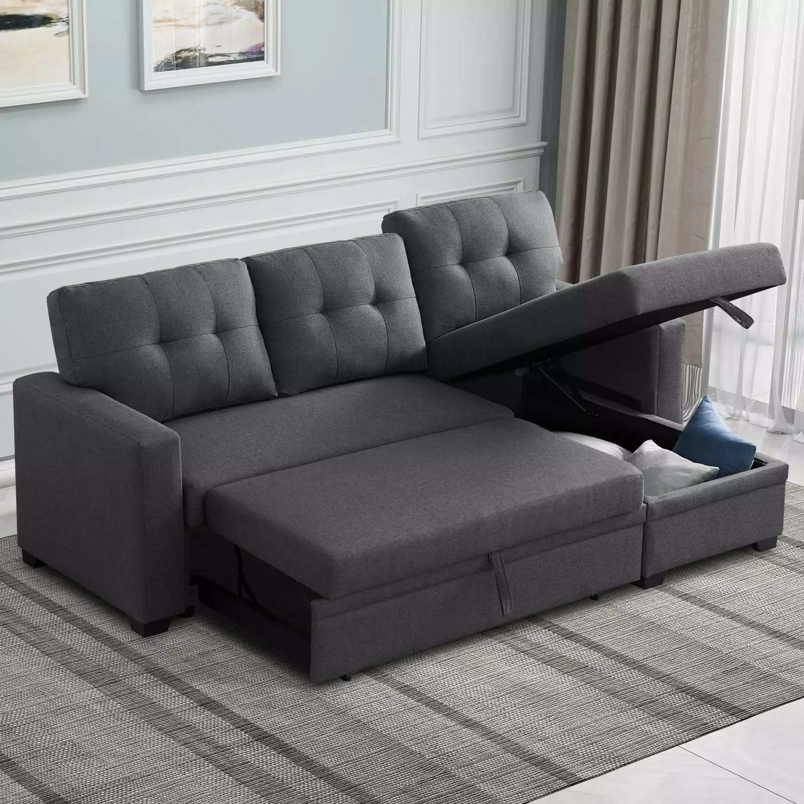 DECORAflex L-Shaped Sectional Sofa with Storage Chaise .Upholstered Couch with Pull-out Sofa Bed. for Living Room.Apartment.Office .Dark Gray