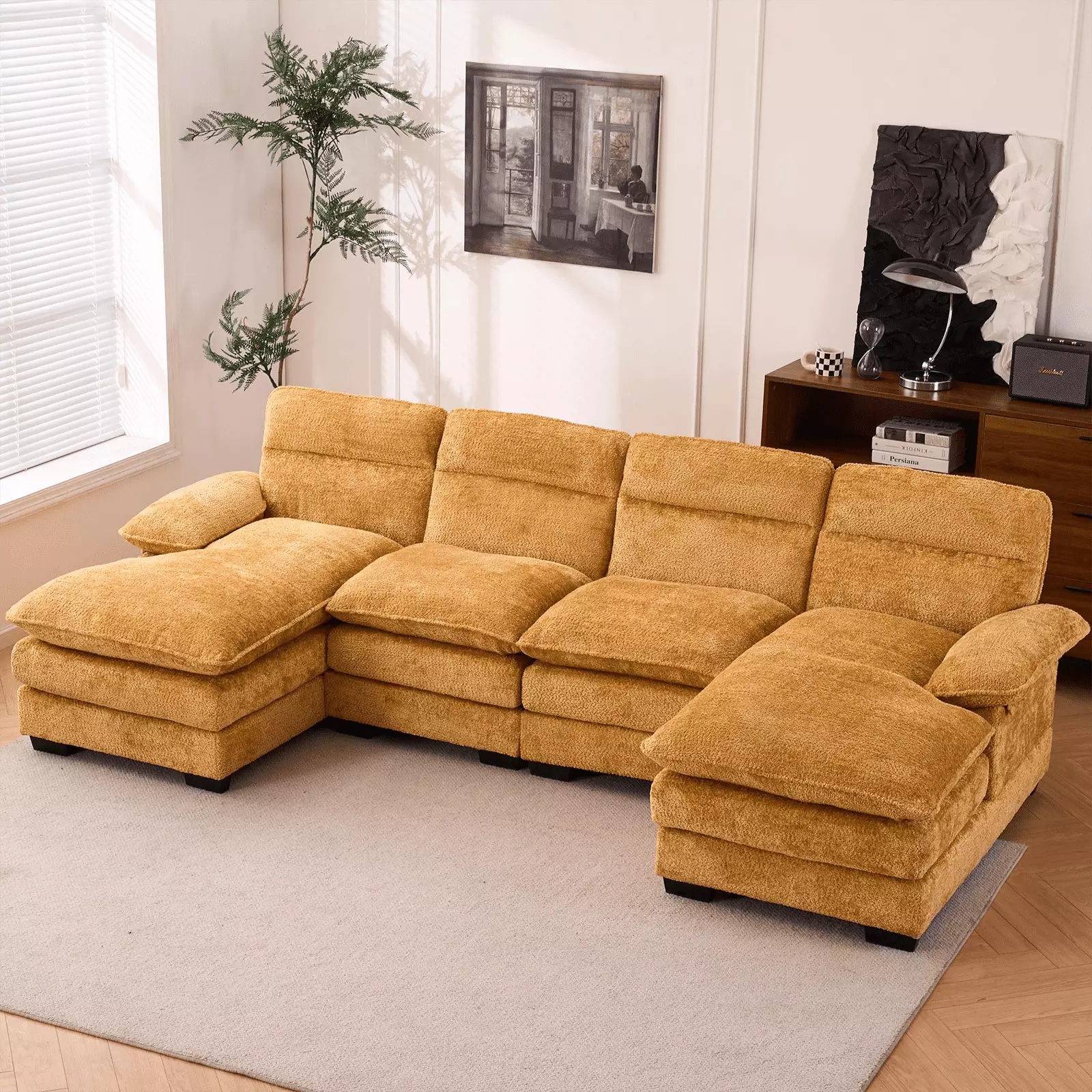 DECORAflex Modern U-Shaped Sectional Sofa.Chenille 4-seat Sleeper Couch with Chaise Lounge.Comfy Sofa for Living Room. Apartment.Office.Yellow