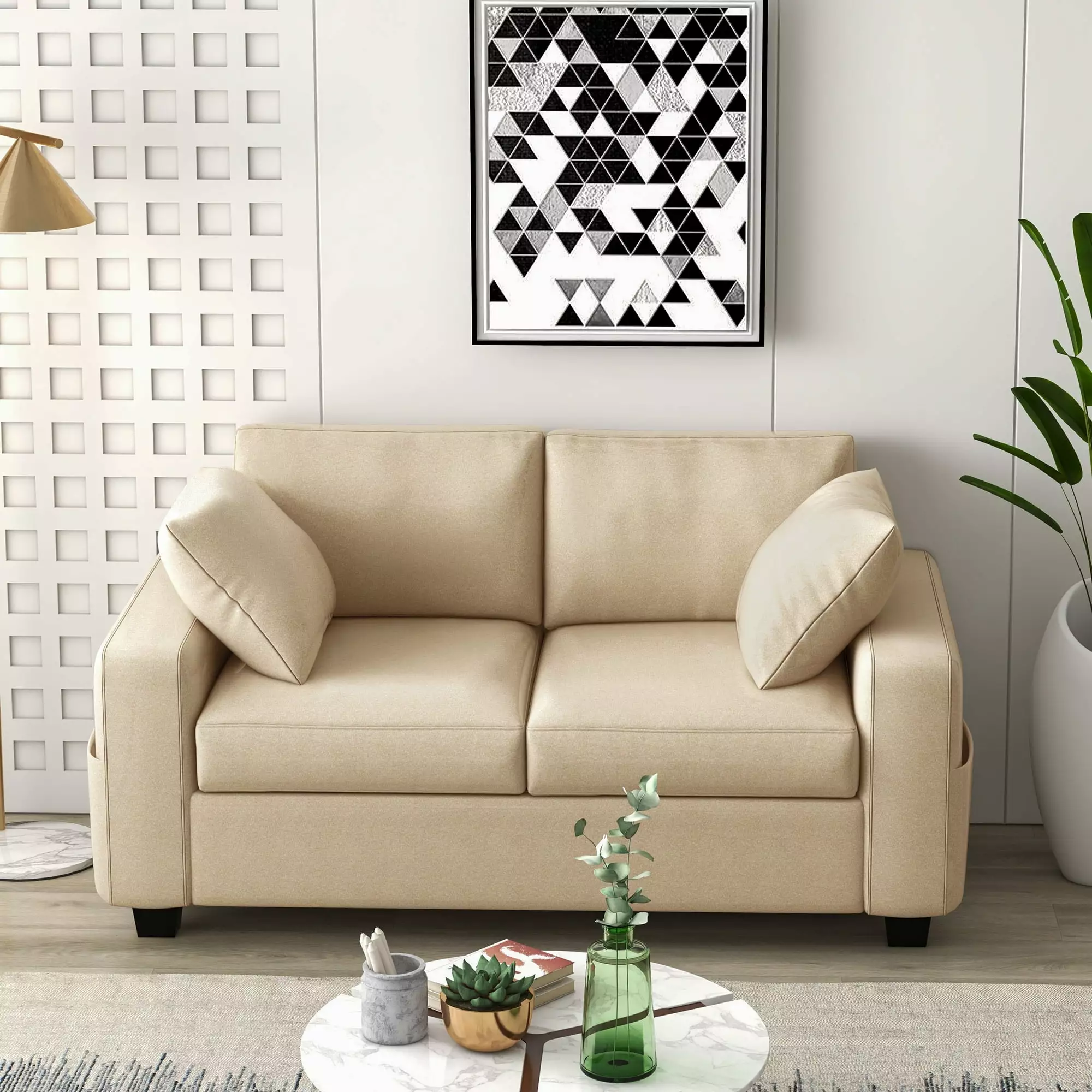 DWVO 60 Loveseat Sofa. Modern Comfort Sofa with Back Cushions & Side Pockets. Fabric 2 Seater Couch for Living Room. Bedroom and Small Space. Beige