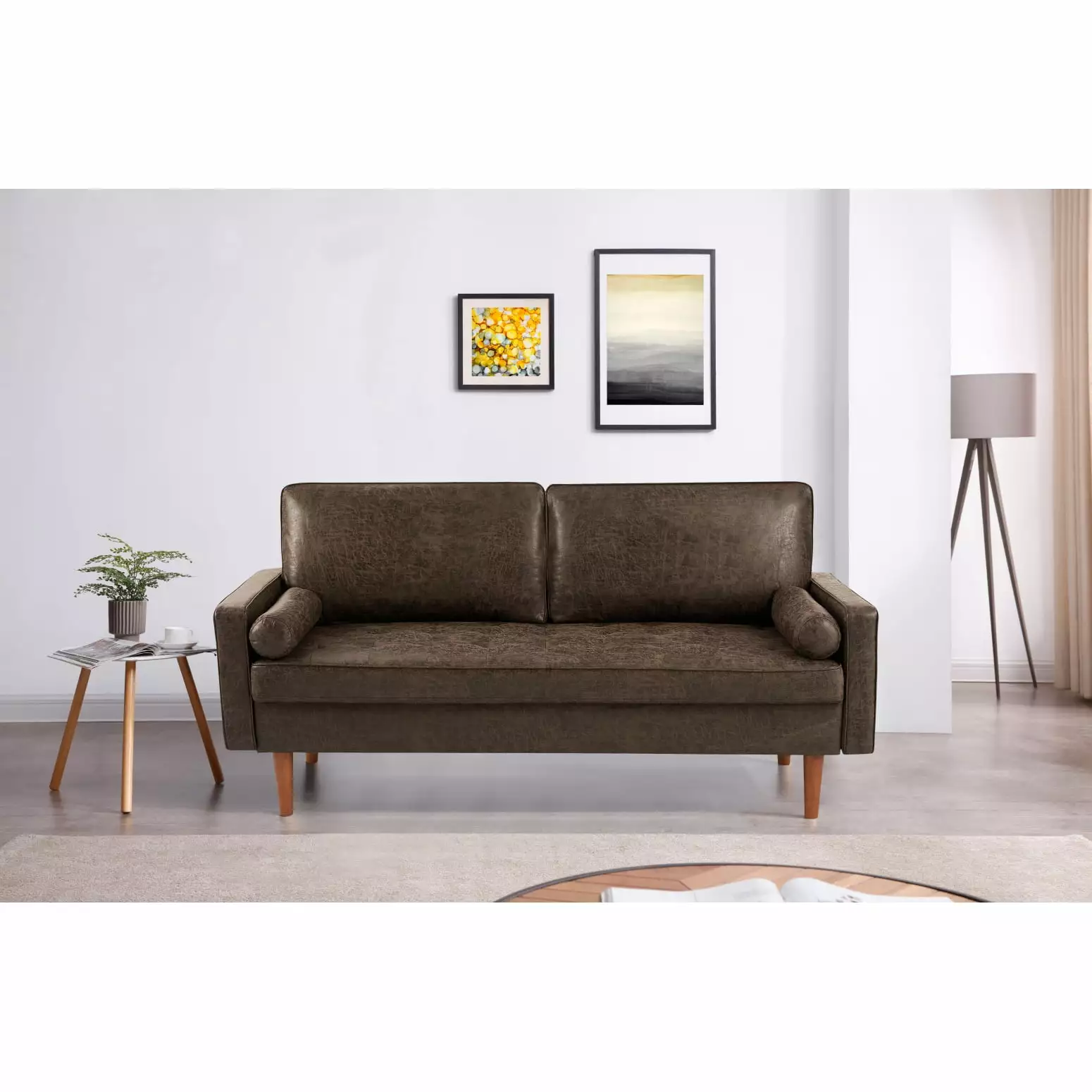 Dark Brown Fabric Three-Seater Sofa. Tufted Back & Wooden Legs - Comfortable Seating for Home & Living Space. Enhanced Durability Supporting up to 600 lbs