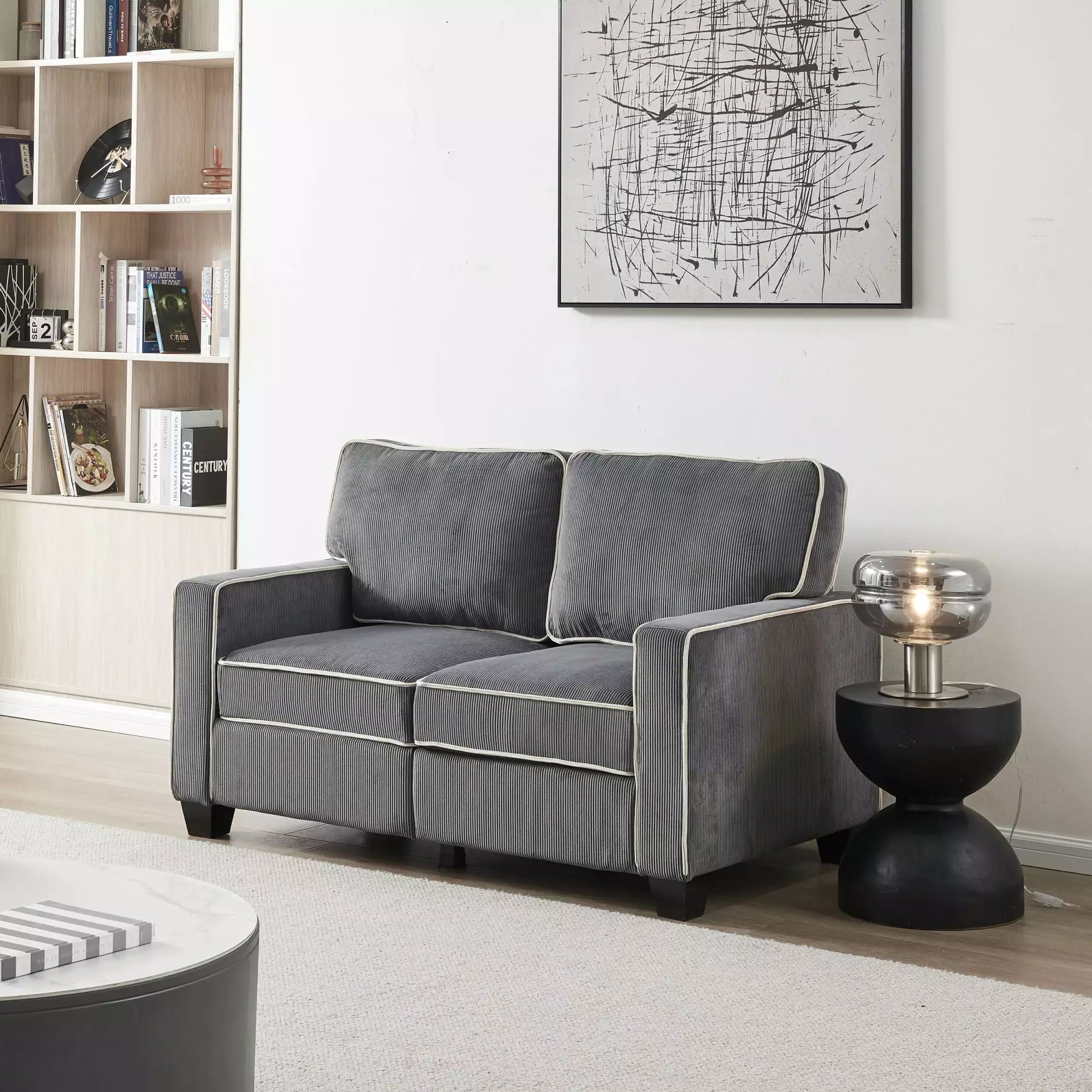 Dark Grey Corduroy Loveseat Sofa: Stylish Living Room Comfort with Convenient Storage Feature