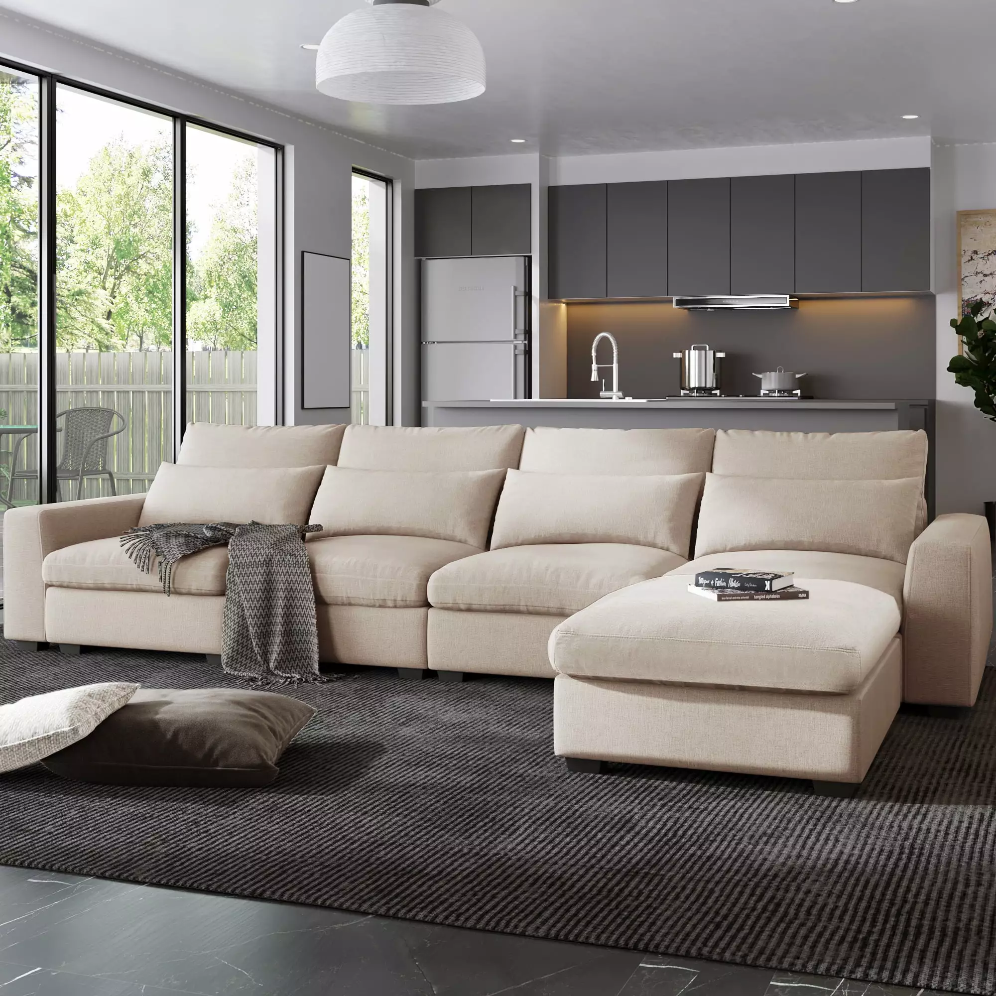 Dawn Whisper Modern Large L-Shape Feather Filled Sectional Sofa. Convertible Sofa Couch with Reversible Chaise for Living Room in Beige