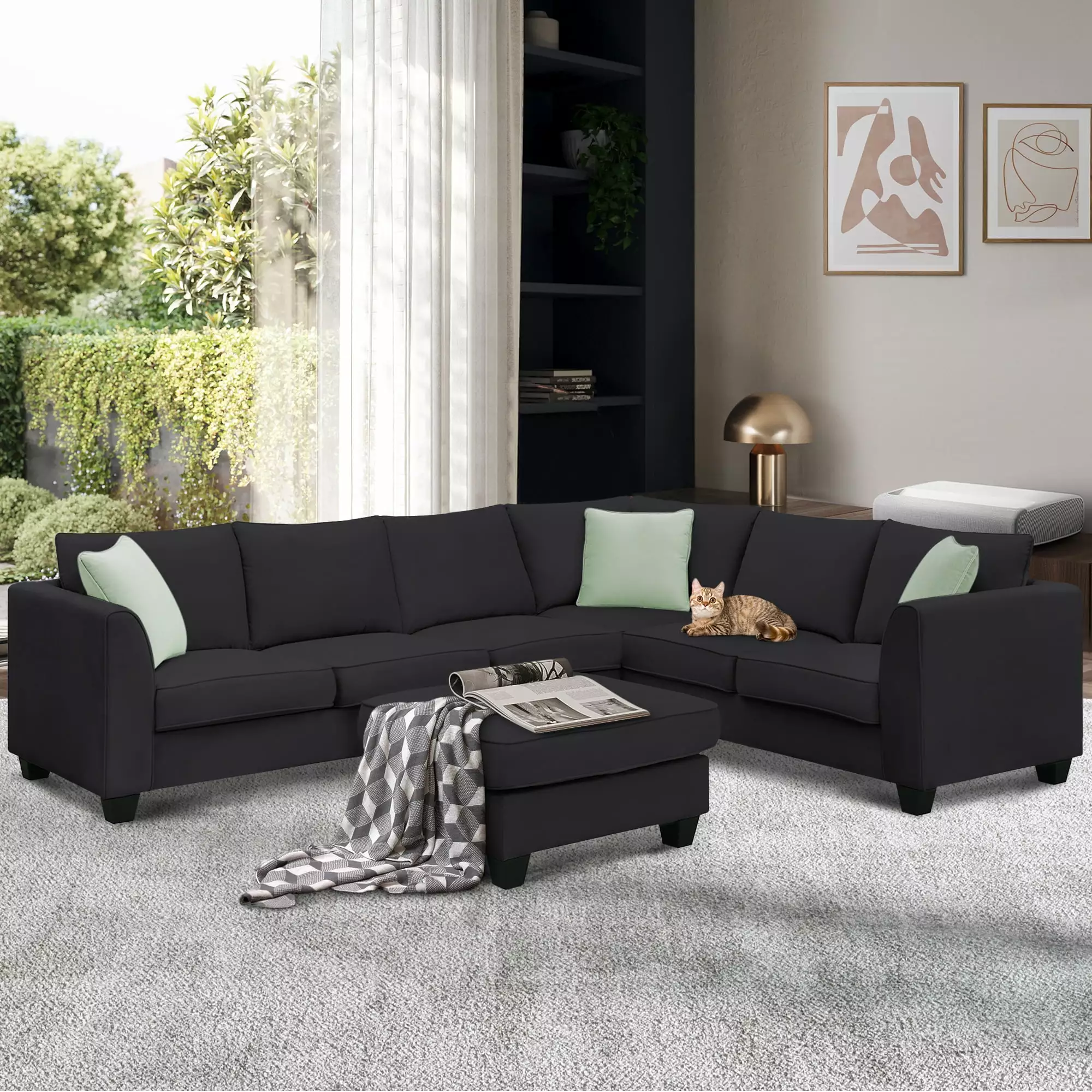 DeeHome 112*87 Sectional Sofa Couches Living Room Sets. 7 Seats Modular Sectional Sofa with Ottoman. L Shape Fabric Sofa Corner Couch Set with 3 Pillows. Black(New of GS008210AAB)