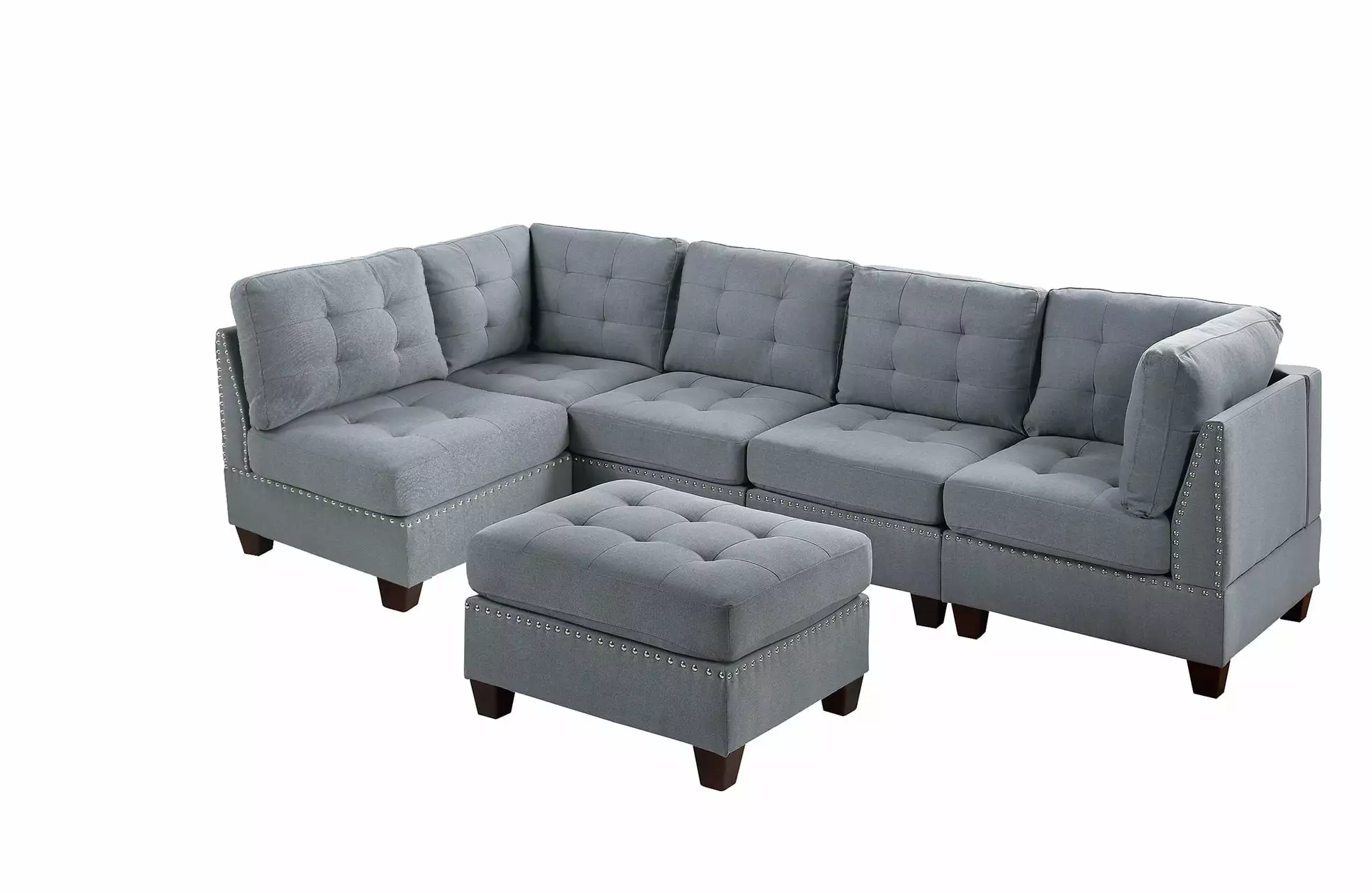 DeeHome Contemporary Modular Sectional 6pc Set Living Room Furniture Corner Sectional Gray Linen Like Fabric Tufted Nail heads 2x Corner Wedge 3x Armless Chair and 1x Ottoman