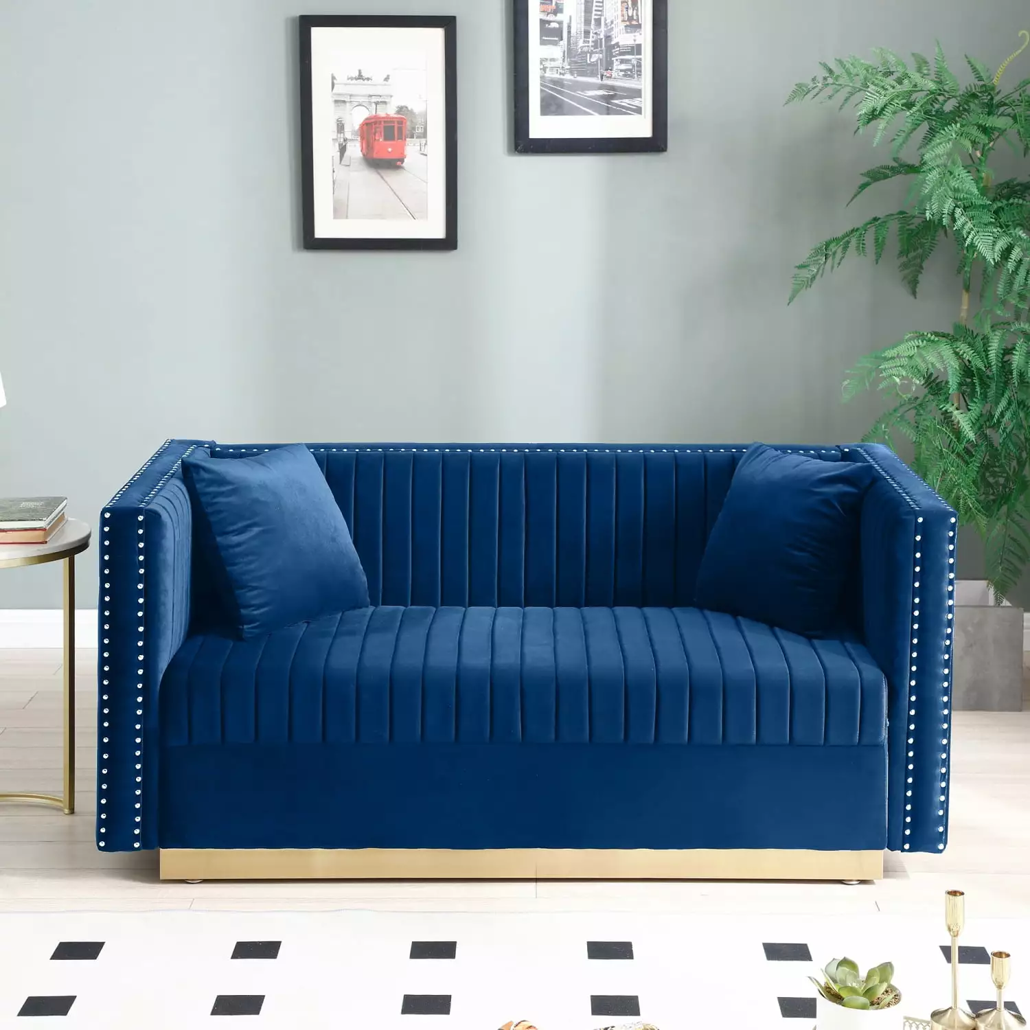 DeeHome Contemporary Vertical Channel Tufted Velvet Sofa Loveseat Modern Upholstered 2 Seater Couch for Living Room Apartment with 2 pillows.Blue