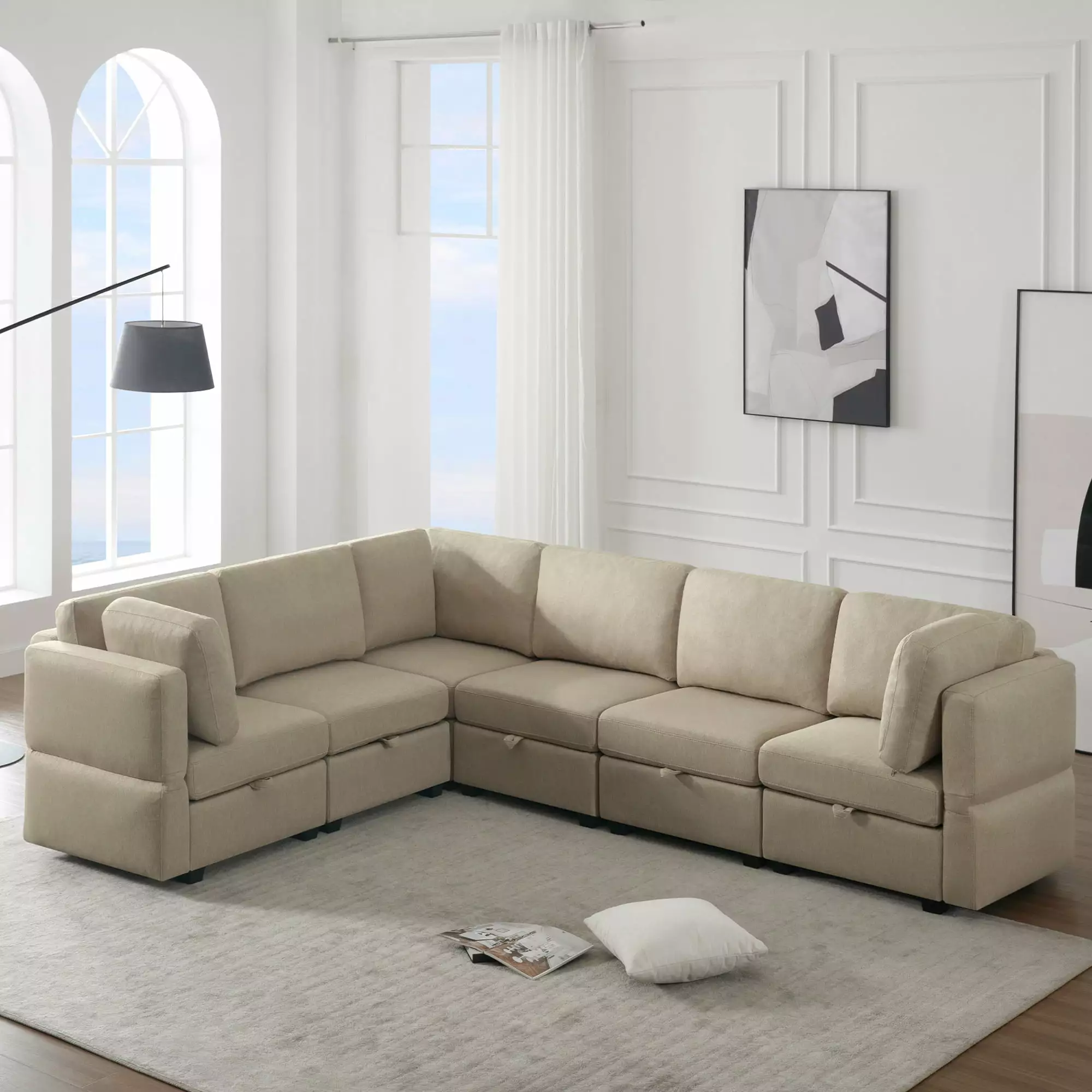 DeeHome L Shaped Modular Sectional Corner Sofa Couch. 6 Seat Modular Sectional Sofa with Chaise for Living Room. Adjustable Arms and Backs - Beige