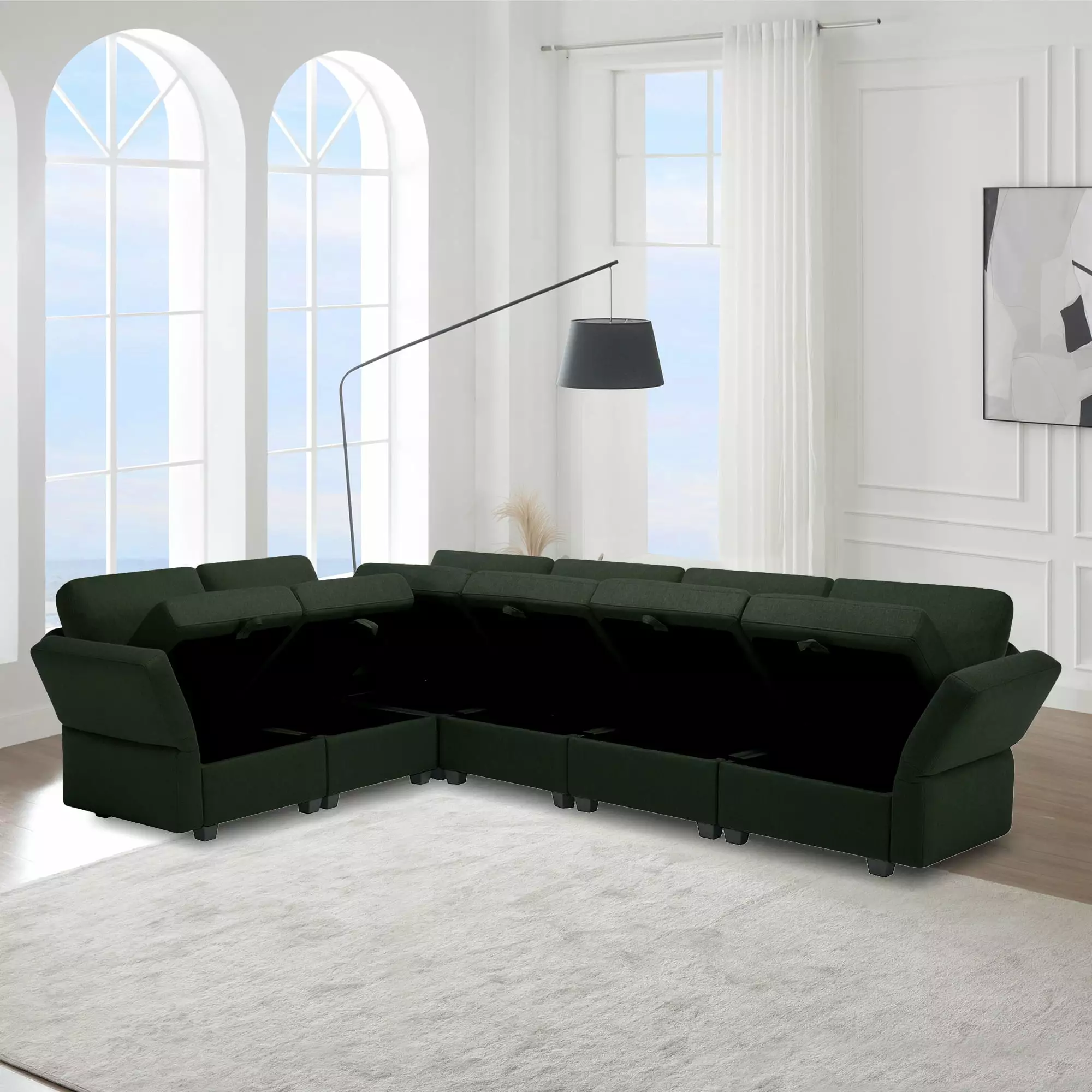 DeeHome L Shaped Modular Sectional Corner Sofa Couch. 6 Seat Modular Sectional Sofa with Chaise for Living Room. Adjustable Arms and Backs - Green