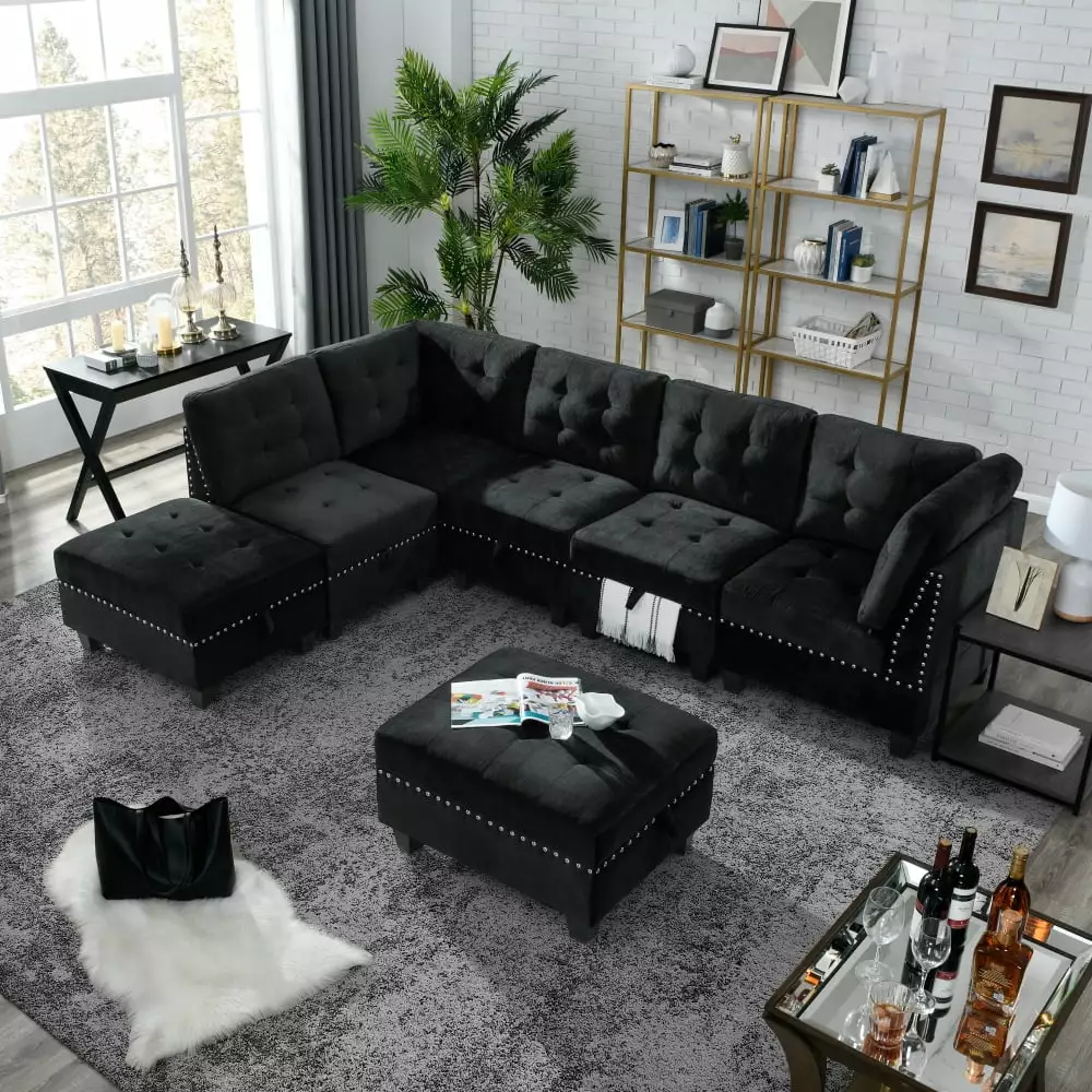 DeeHome L shape Modular Sectional Sofa.DIY Combination.includes Three Single Chair .Two Corner and Two Ottoman.Black Velvet.