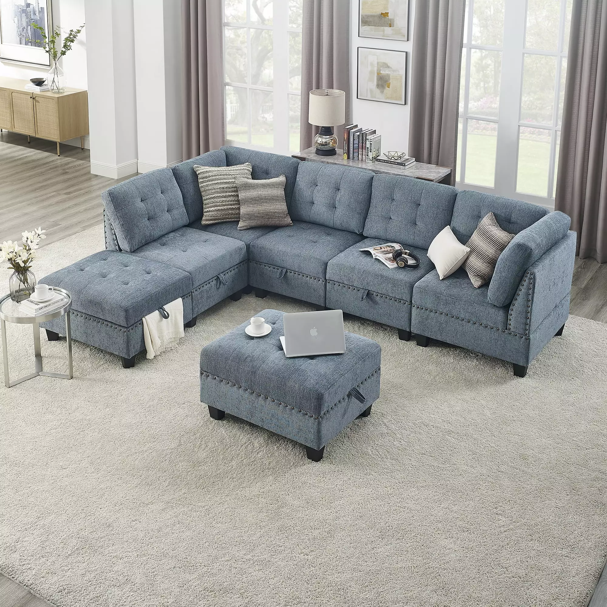 DeeHome L shape Modular Sectional Sofa.DIY Combination.includes Three Single Chair .Two Corner and Two Ottoman.Navy Blue