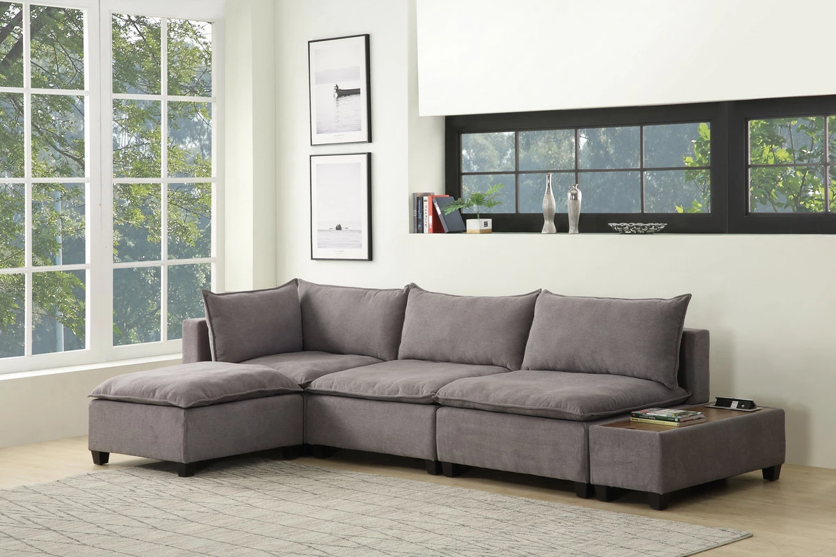 DeeHome Madison 131.5 Light Gray Fabric 5 Piece Modular Sectional Sofa Ottoman with USB Storage Console Table