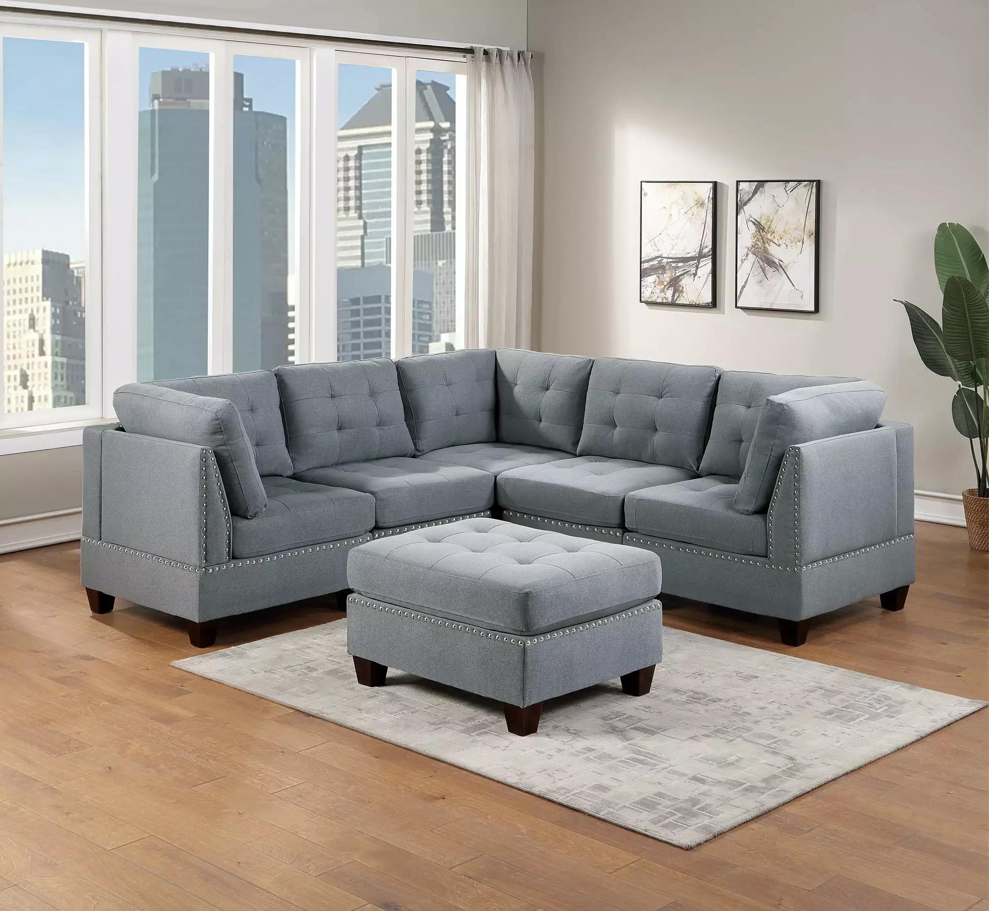 DeeHome Modular Sectional 6pc Set Living Room Furniture Corner Sectional Tufted Nail heads Couch Gray Linen Like Fabric 3x Corner Wedge 2x Armless Chairs and 1x Ottoman