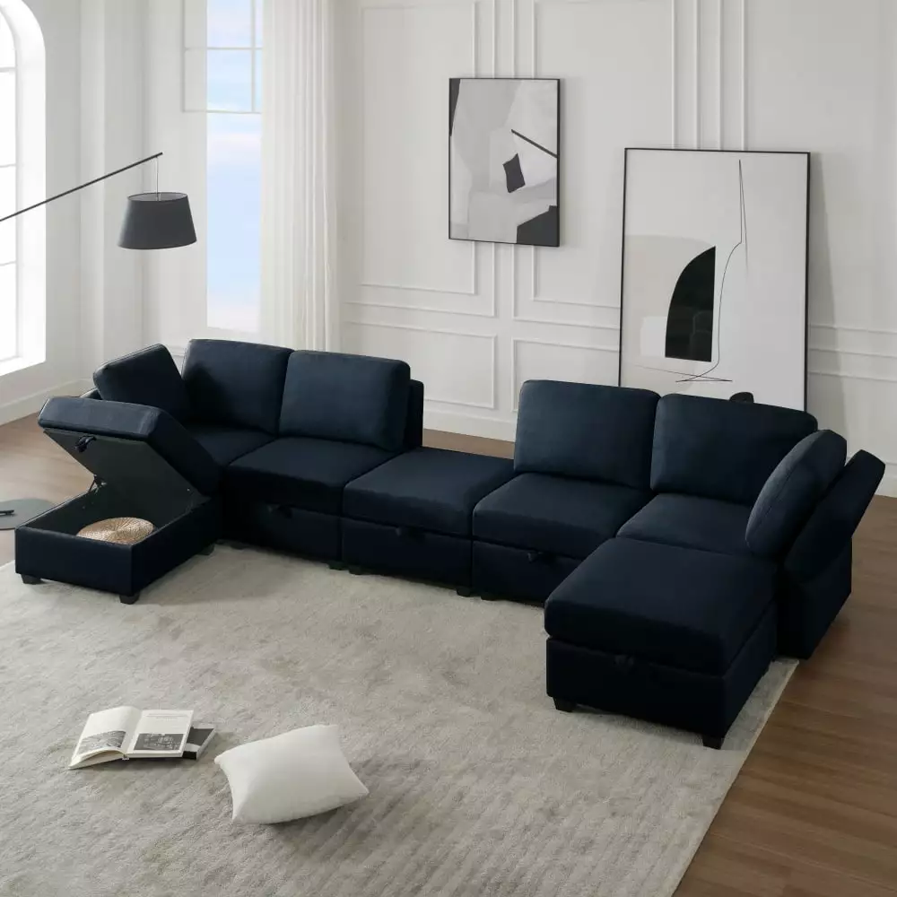 DeeHome Modular Sectional Sofa U Shaped Sectional Couch with Ottoman. 7 Seat Modular Sofa with Chaise for Living Room. Adjustable Arms and Backs - Blue