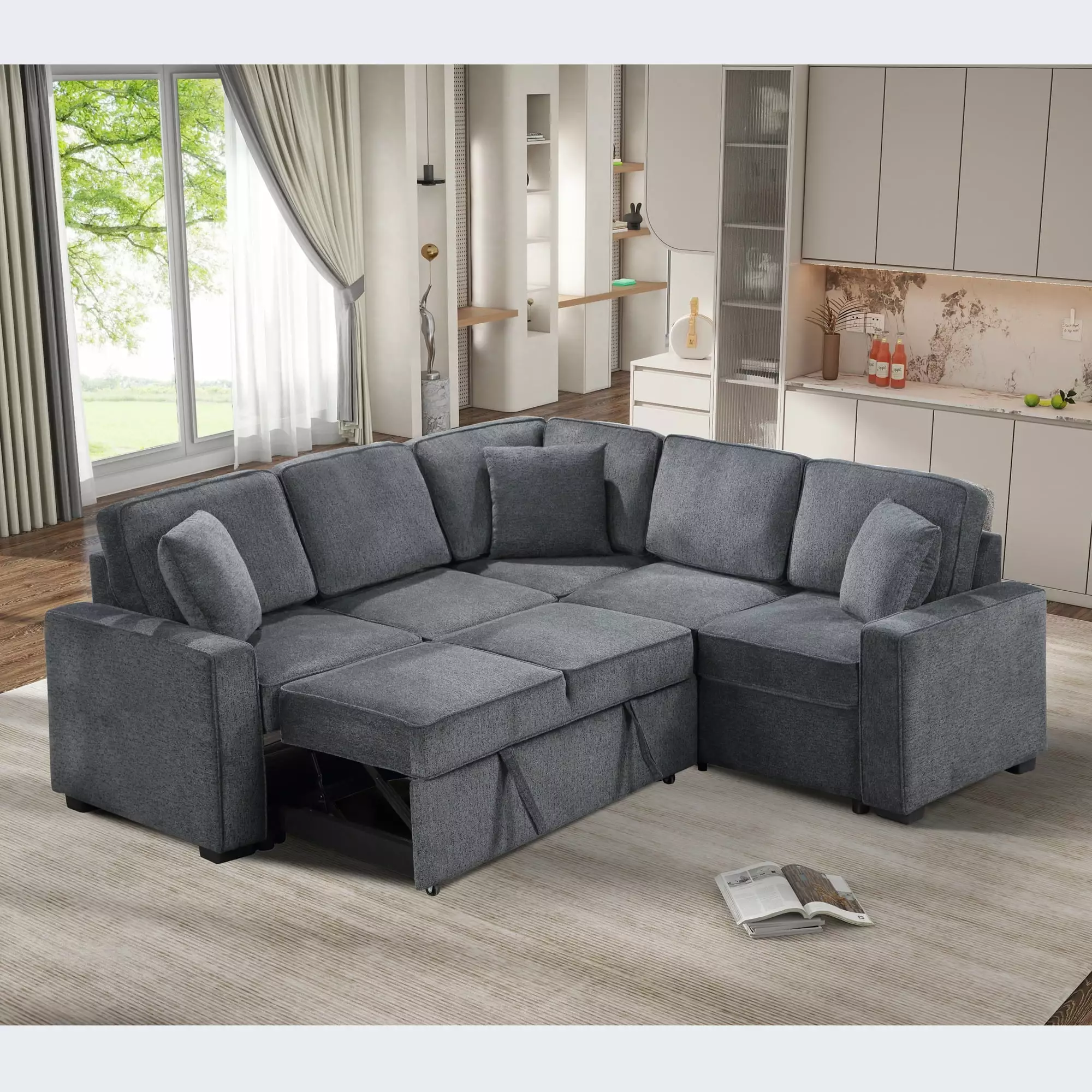 DeeHome Modular Sofa. Sectional Couch L Shaped Sofa Couch with Pullout Sleeper. 5 Seat Chenille Corner Sofa for Living Room. 3 Pillows Included. Dark Gray