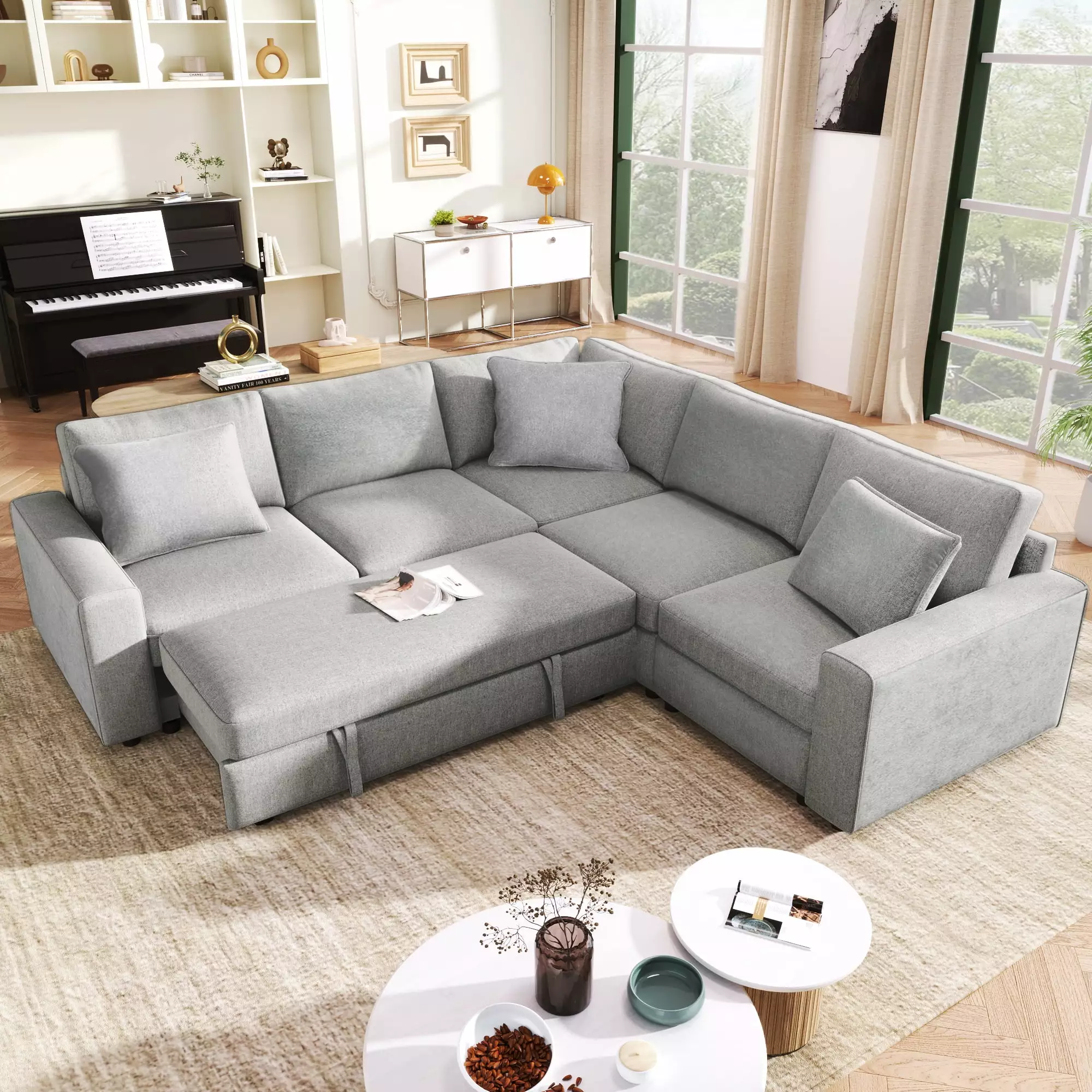 DeeHome U_STYLE 4-Seat L-shaped Modular Sofa with Thick Backrest and Seat Cushions. Suitable for Living Rooms. Offices