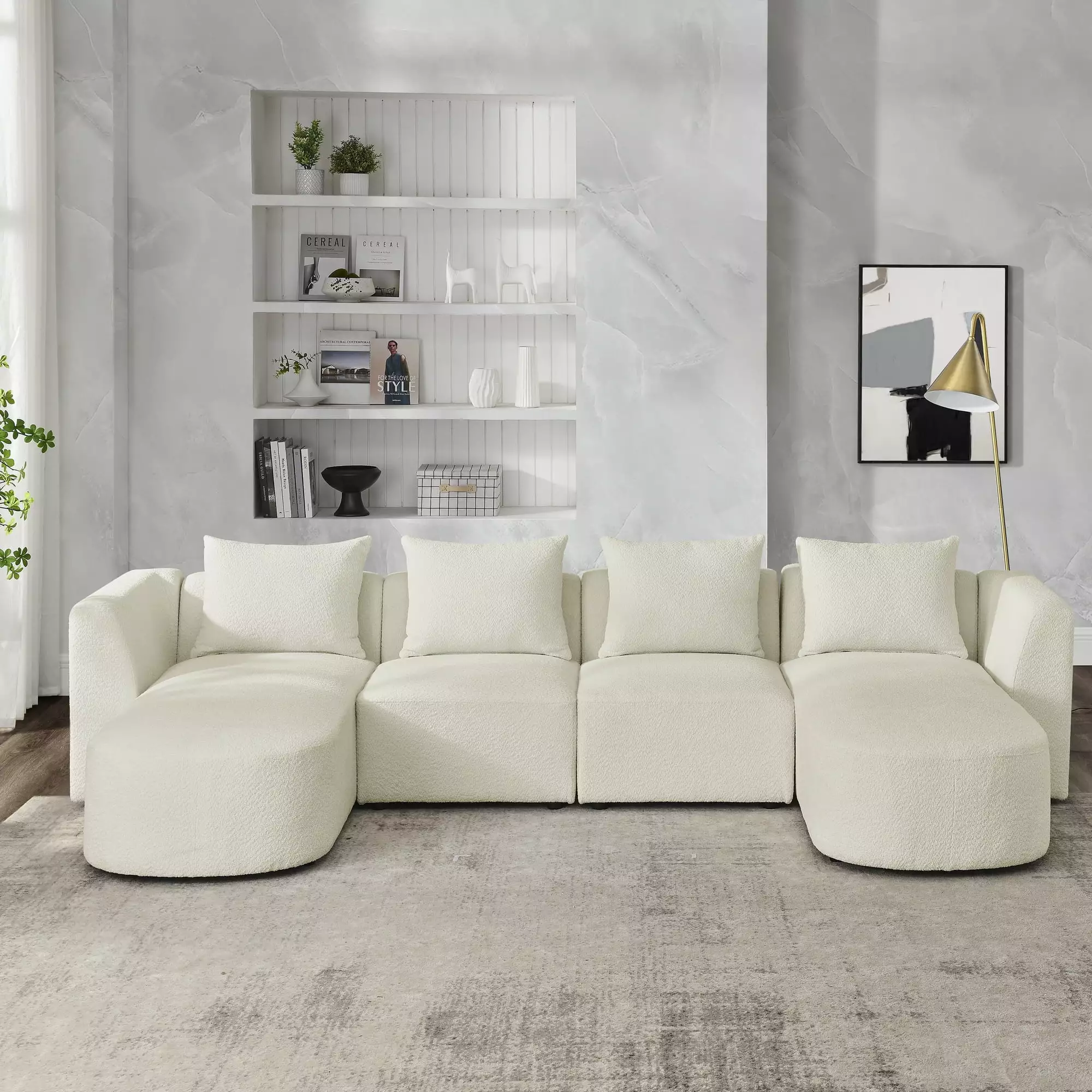 DeeHome U Shape Sectional Sofa including Two Single Seats and Two Chaises. Modular Sofa. DIY Combination. Loop Yarn Fabric. Beige