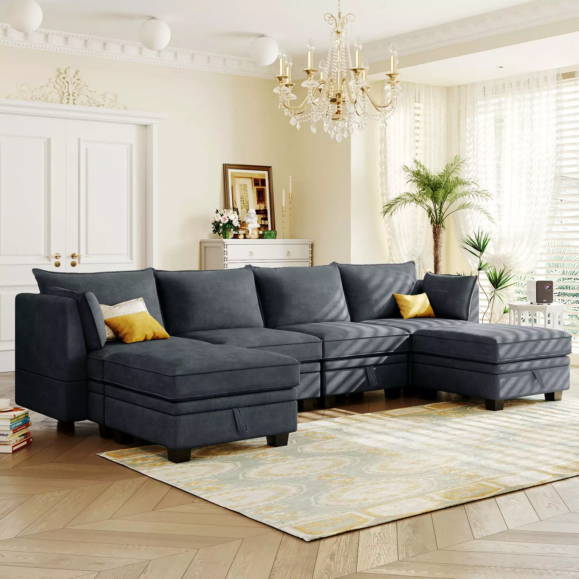 DeeHome U_Style Modern Large U-Shape Modular Sectional Sofa. Convertible Sofa Bed with Reversible Chaise for Living Room. Storage Seat