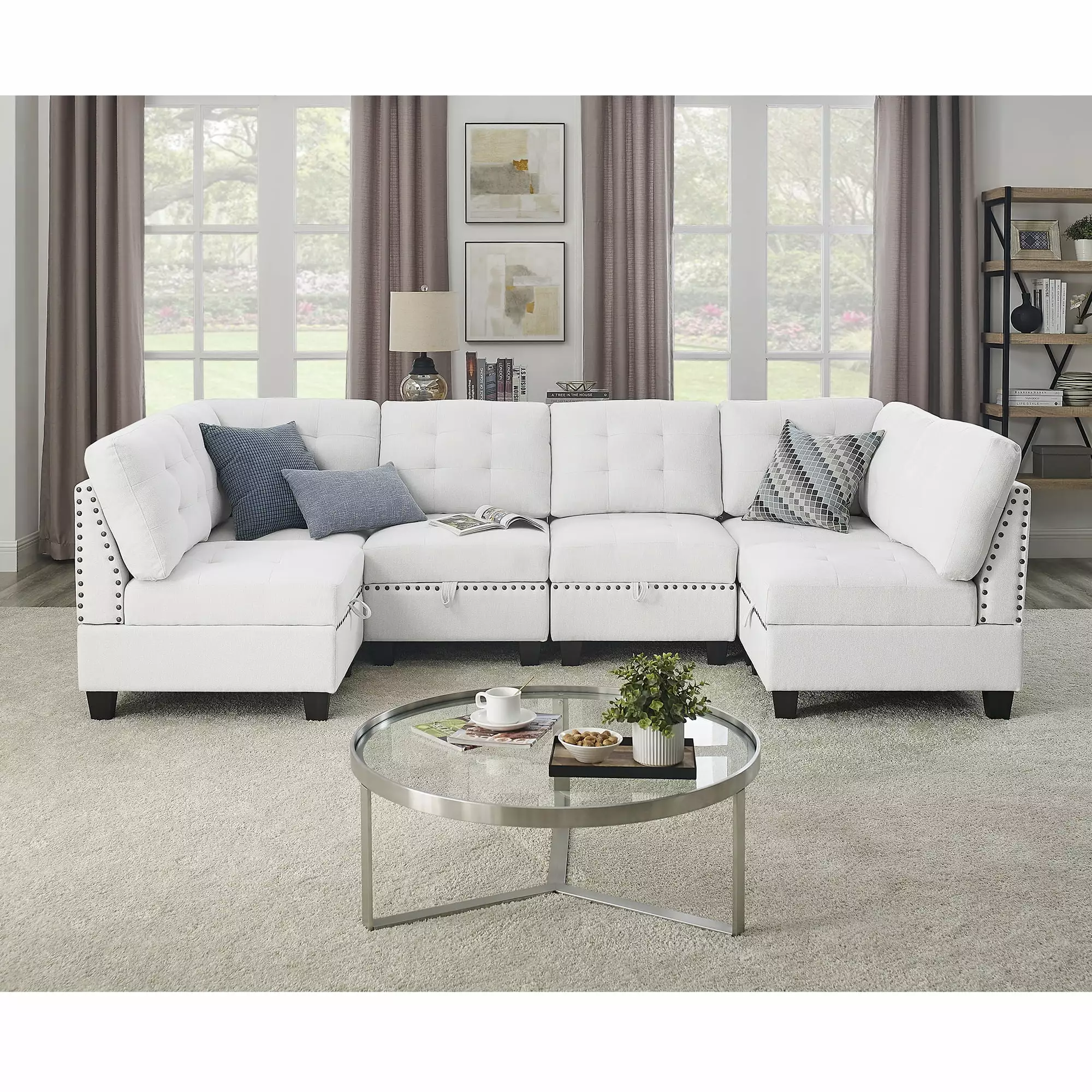 DeeHome U shape Modular Sectional Sofa.DIY Combination.includes Four Single Chair and Two Corner.Ivory Chenille