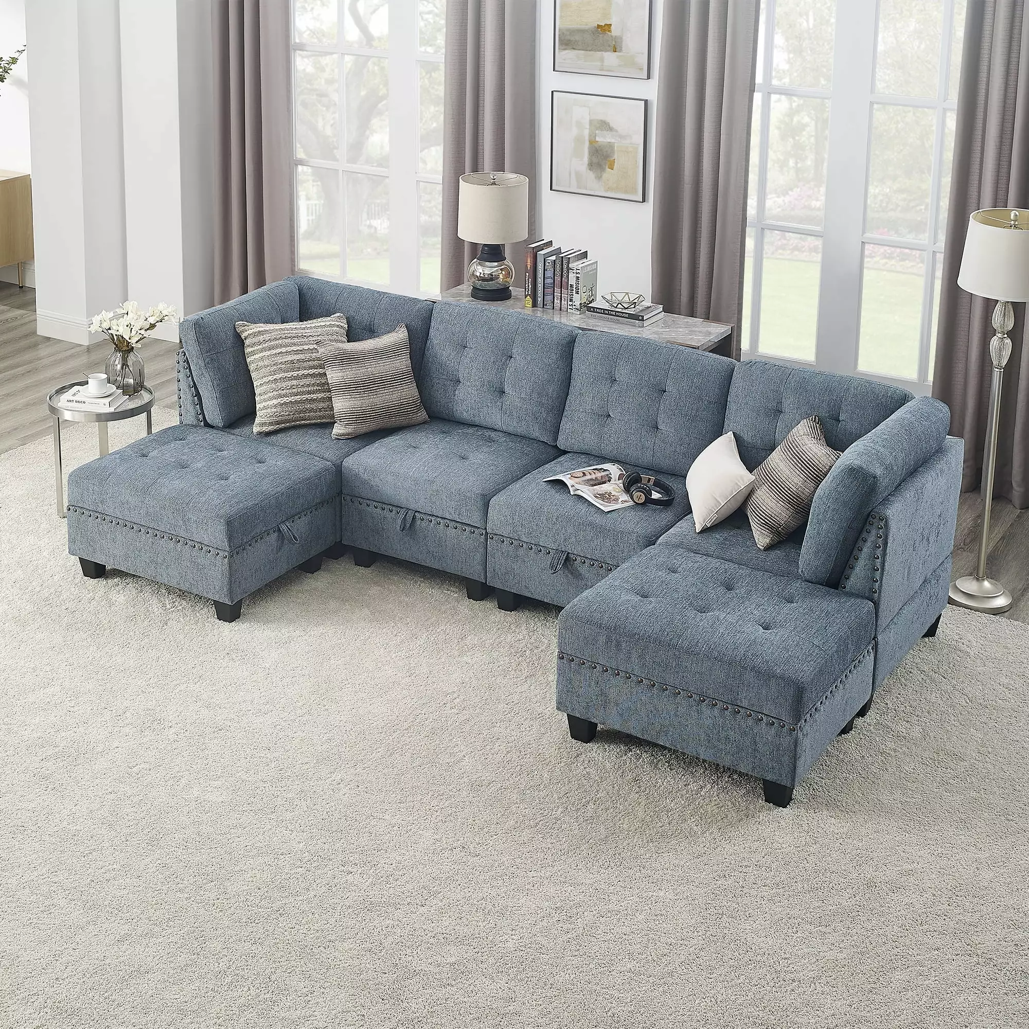 DeeHome U shape Modular Sectional Sofa.DIY Combination.includes Two Single Chair .Two Corner and Two Ottoman.Navy Chenille