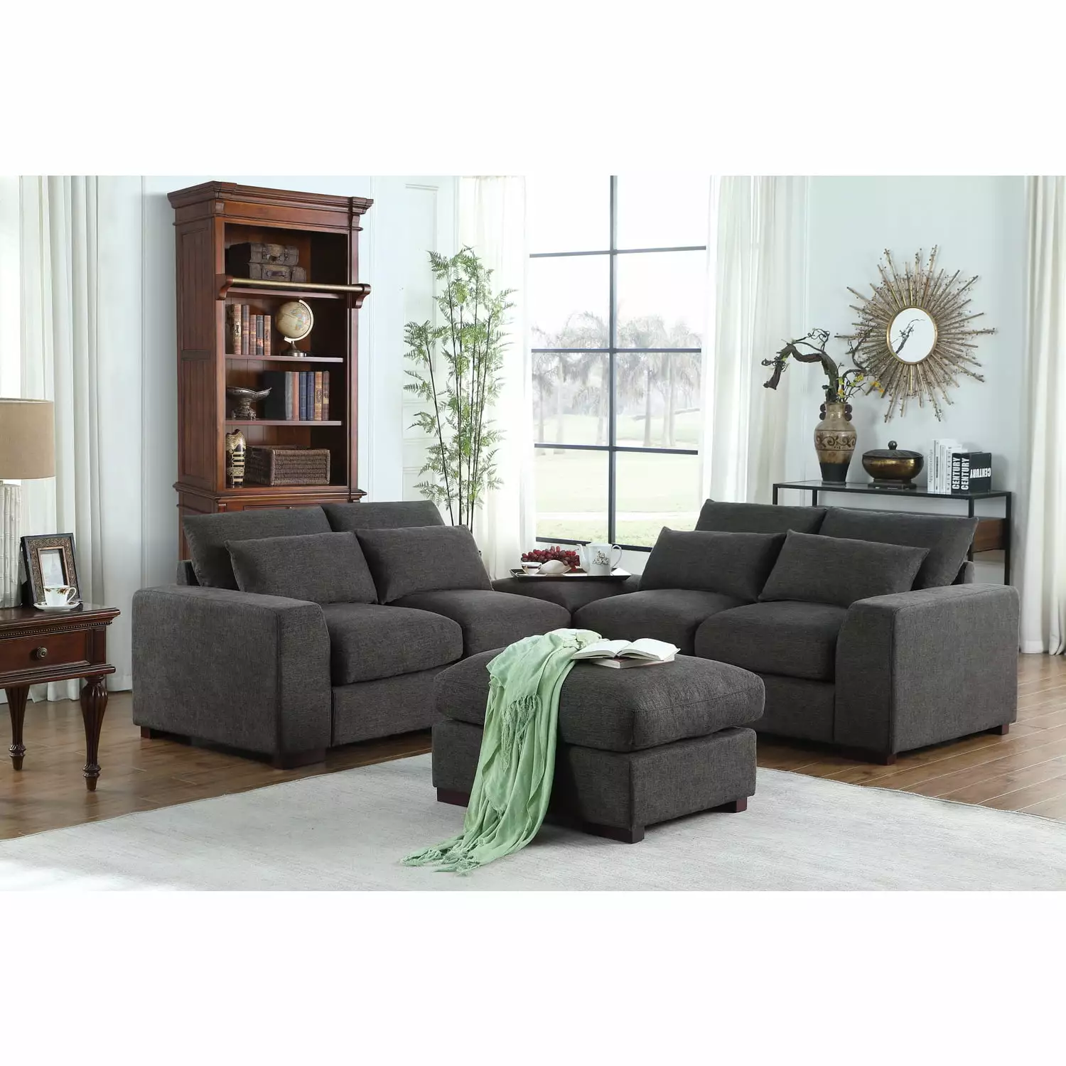 Devion Furniture Reversible Modular Sectional Fabric Sofa & Chaise With Two Ottoman-Dark Gray