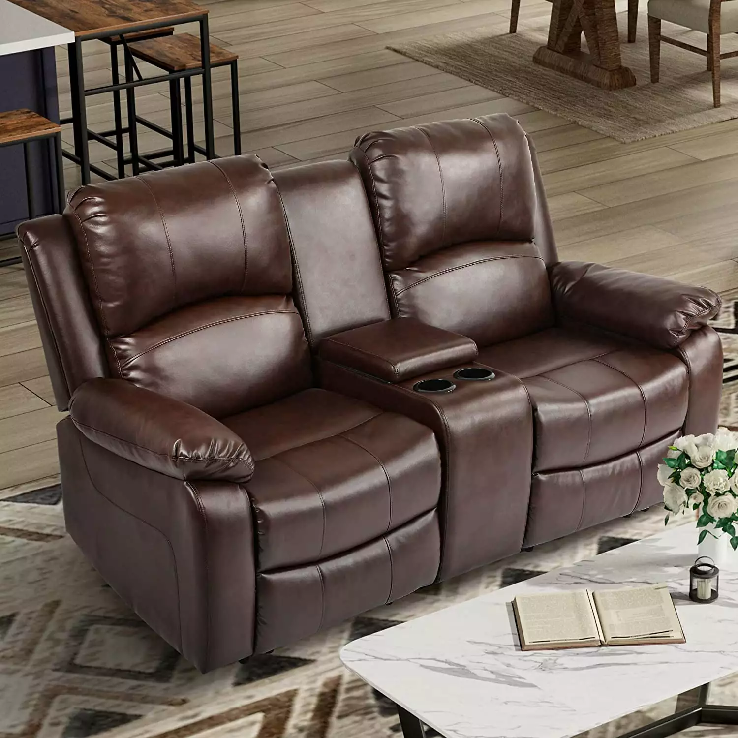 Dextrus Double Recliner Loveseat. Manual Dual Sofa Loveseat. Home Theater Seating with Built-in Storage Console. Double Recliner RV Couch with Beverage Holders and Side Storage for Living Room