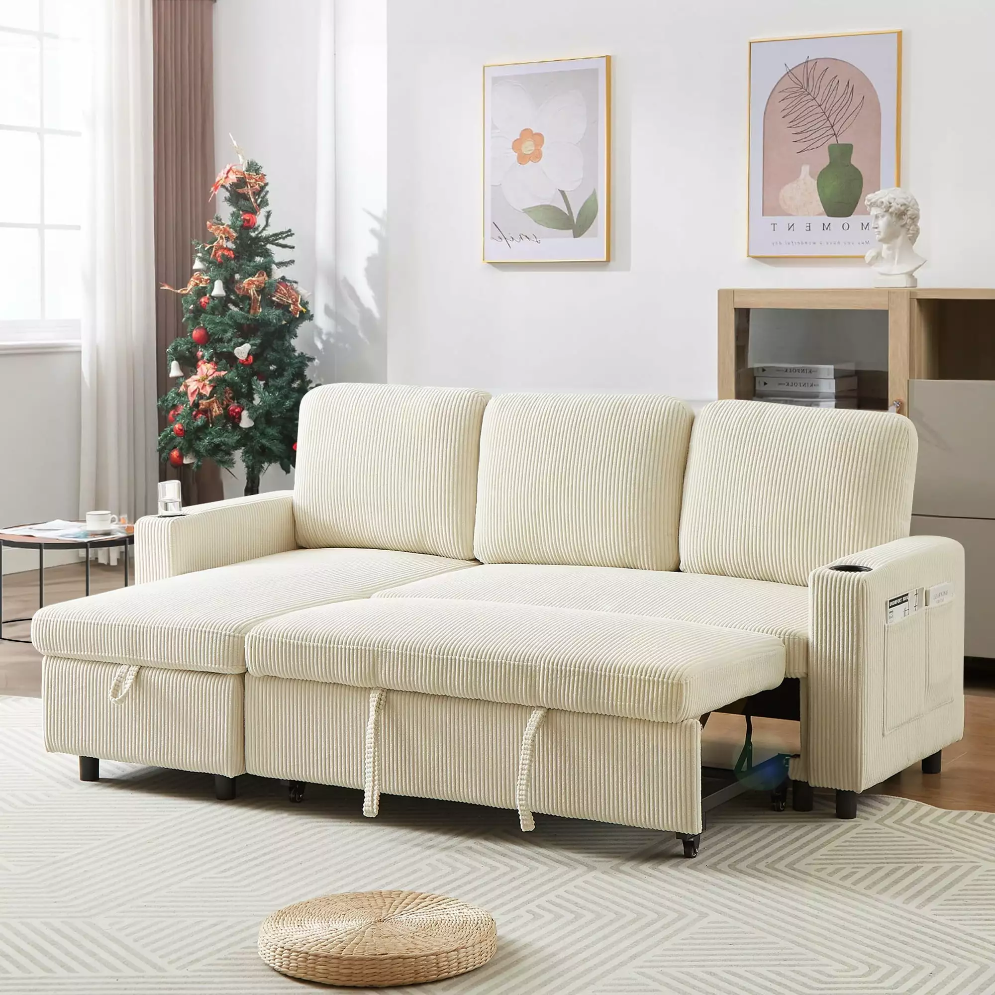 Dinosisco Sleeper Sofa Sectional. Convertible Sofa Bed with Reversible Storage Chaise. Cup Holders. Corduroy L-Shaped Sectional Sofa for Apartment. Living Room. Beige