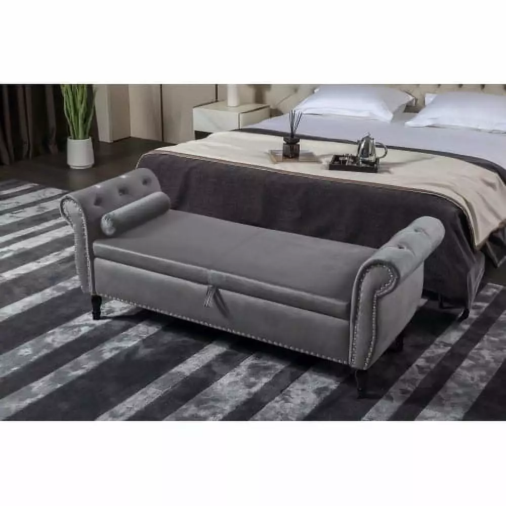 Dtwnek 63 Velvet Storage Rectangular Sofa Stool Buttons Tufted Nailhead Trimmed Solid Wood Legs. Gray