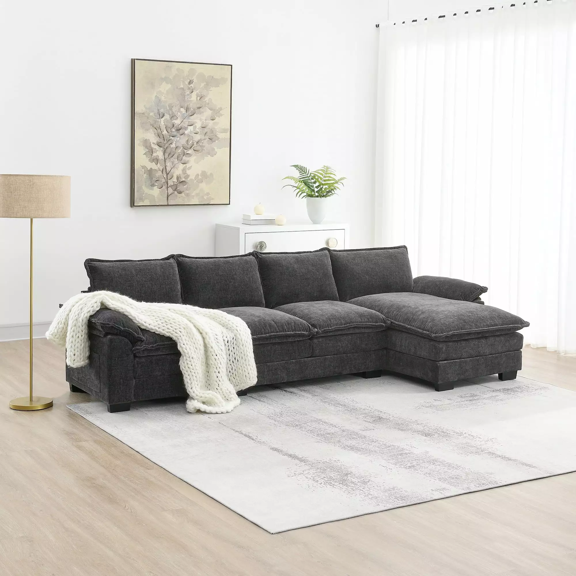 EUROCO 1700lbs 118 Modern L-shaped Sectional Sofa Cloud Couch. 5 Seat Chenille Modular Sleeper Couch with Double Seat Cushions. Upholstered Indoor Furniture with Chaise Lounge for Living Room. Gray