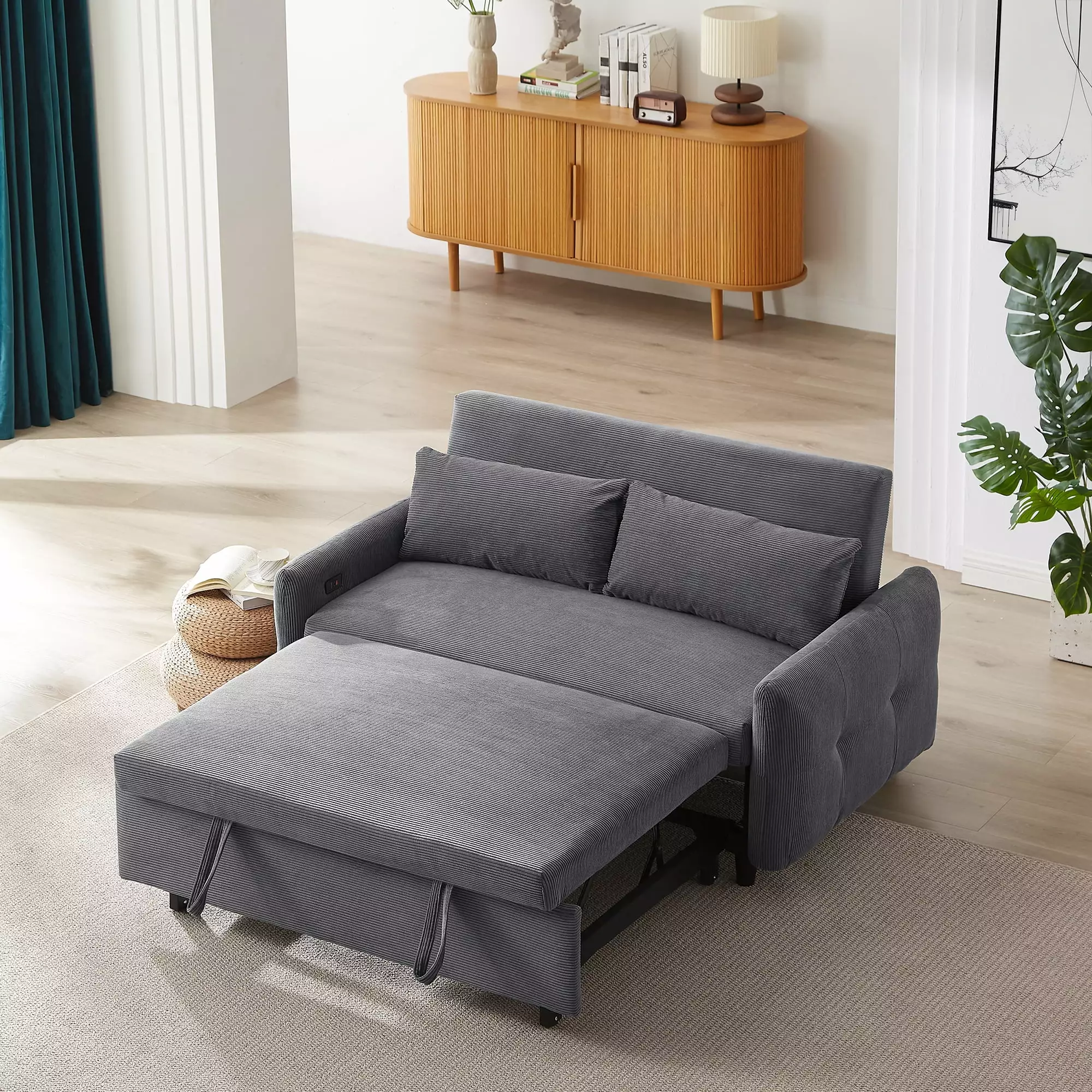 EUROCO 57.48 3-in-1 Pull-out Convertible Sofa Bed Foldable Sleeper Corduroy Sofa with 2 Throw Pillows. USB Ports and Adjustable Backrest. for Living Room. Dark Grey