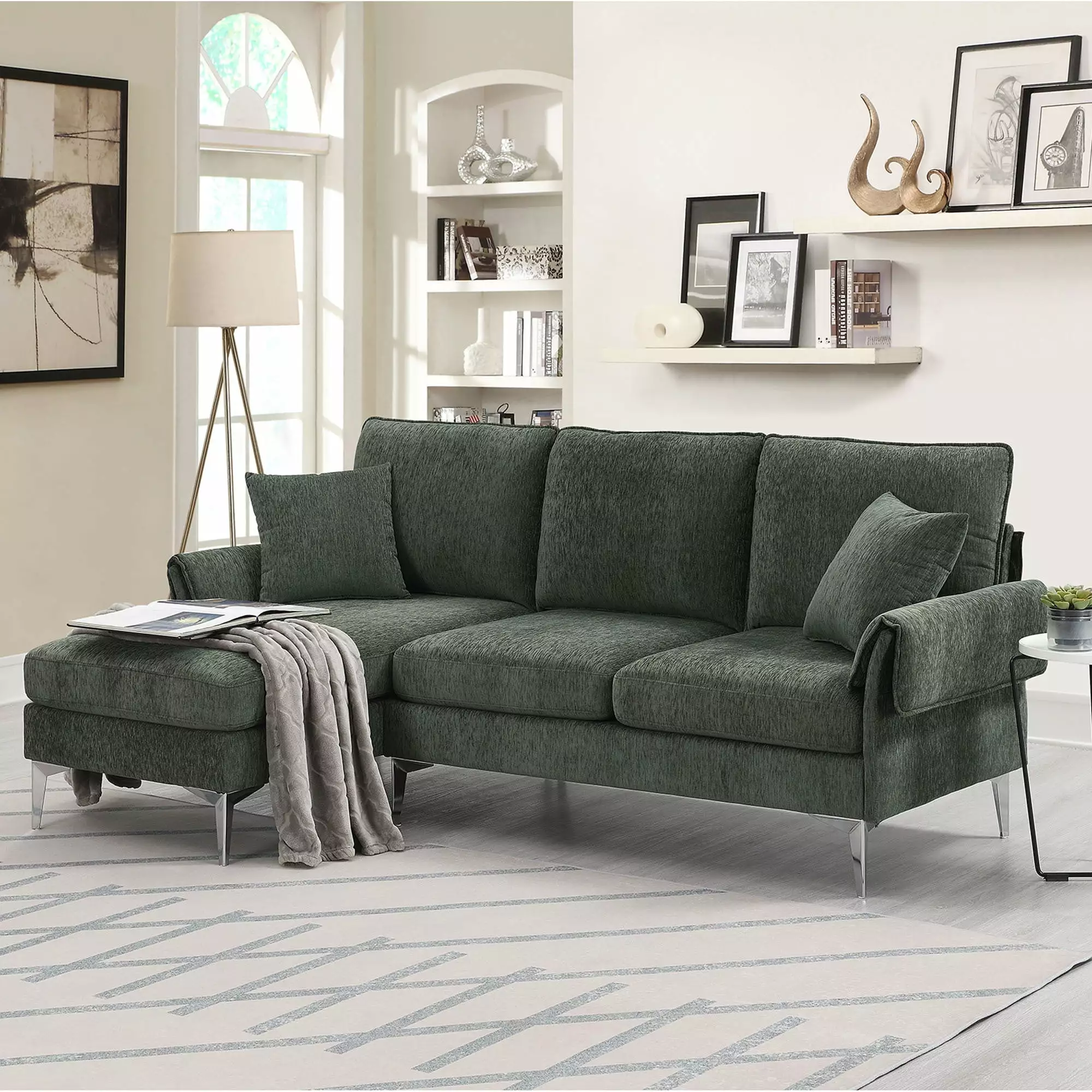 EUROCO 84 Modern L-Shaped Convertible Sectional Sofa Couch. Chenille Fabric Sofa with 2 Pillows. Reversible Chaise Lounge for Living Room. Apartment. Green