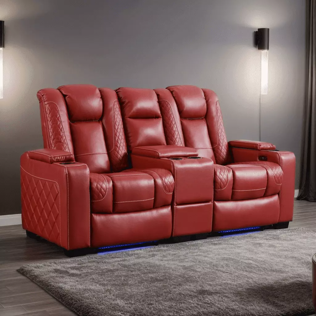 Ebello 72.4 Wide Breathable Leather Home Theater Seating Recliner Loveseat with Cup Holders Storage Lighted.Red