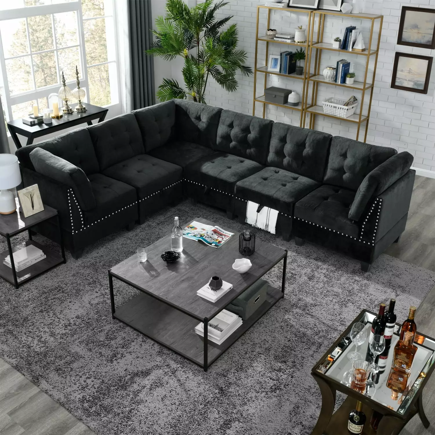 Elegant Black Velvet L Shape Modular Sectional Sofa with DIY Combination Including Three Corner and Three Single Chair Modules