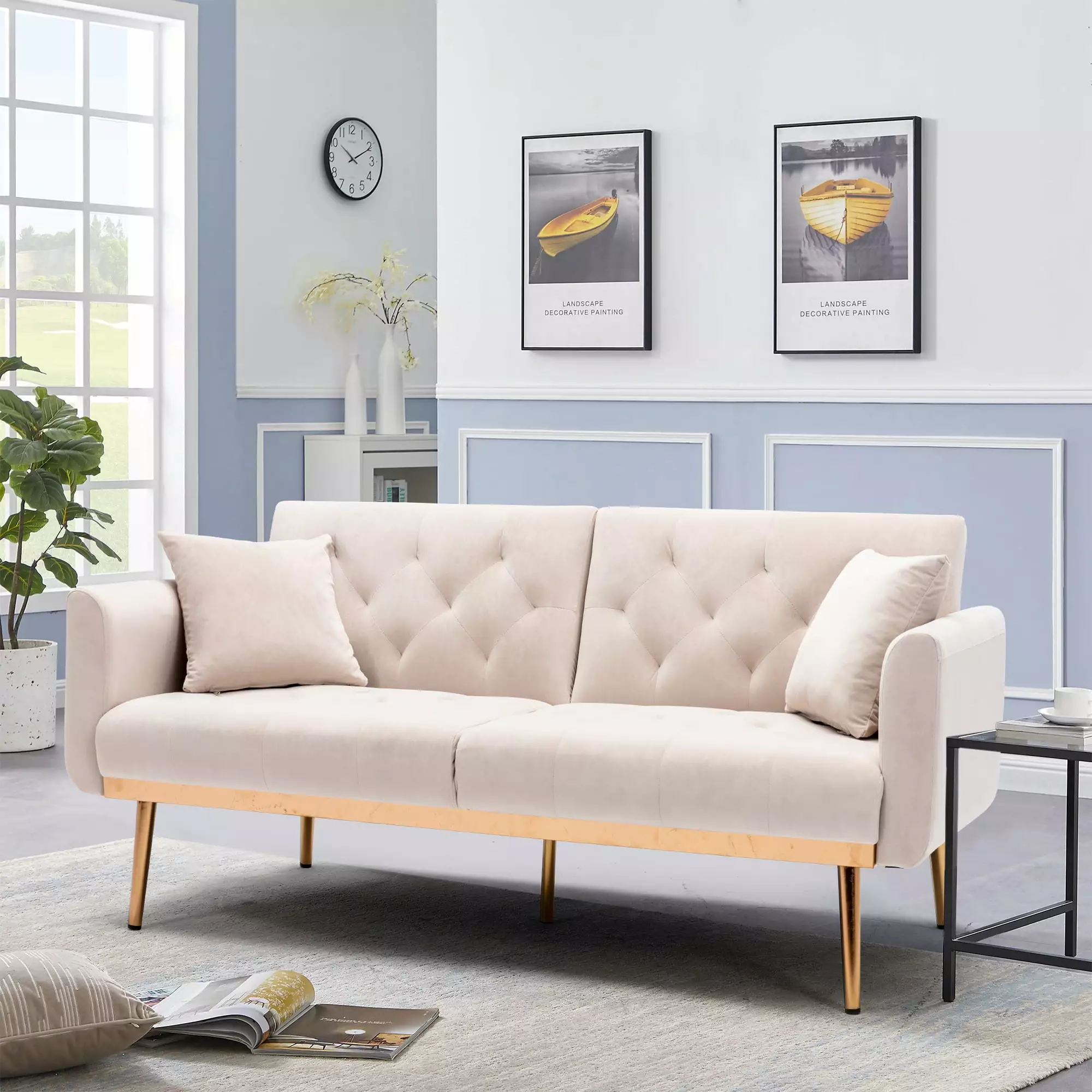 Elitezip Beige Loveseat Sofa for Living Room. 2 Seat Accent Sofa with Velvet Rose Gold Metal Feet. Back Support Can Convertable Twin Size Sofa Bed. 600 Lbs Weight Capacity. Contemporary