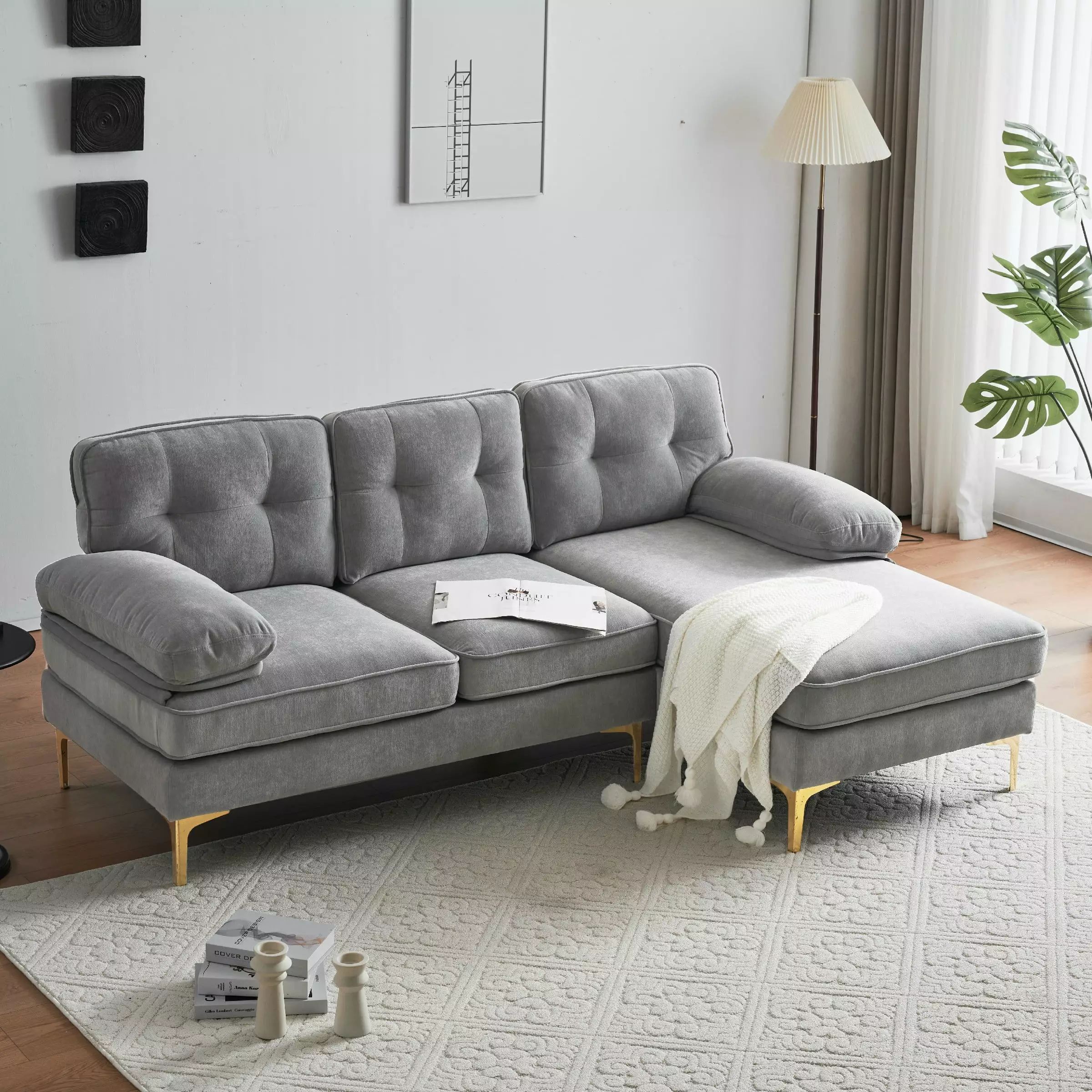 Euroco L Shaped Couch Modern 83 Living Room Sofa with Chaise Lounge. Velvet. Gray