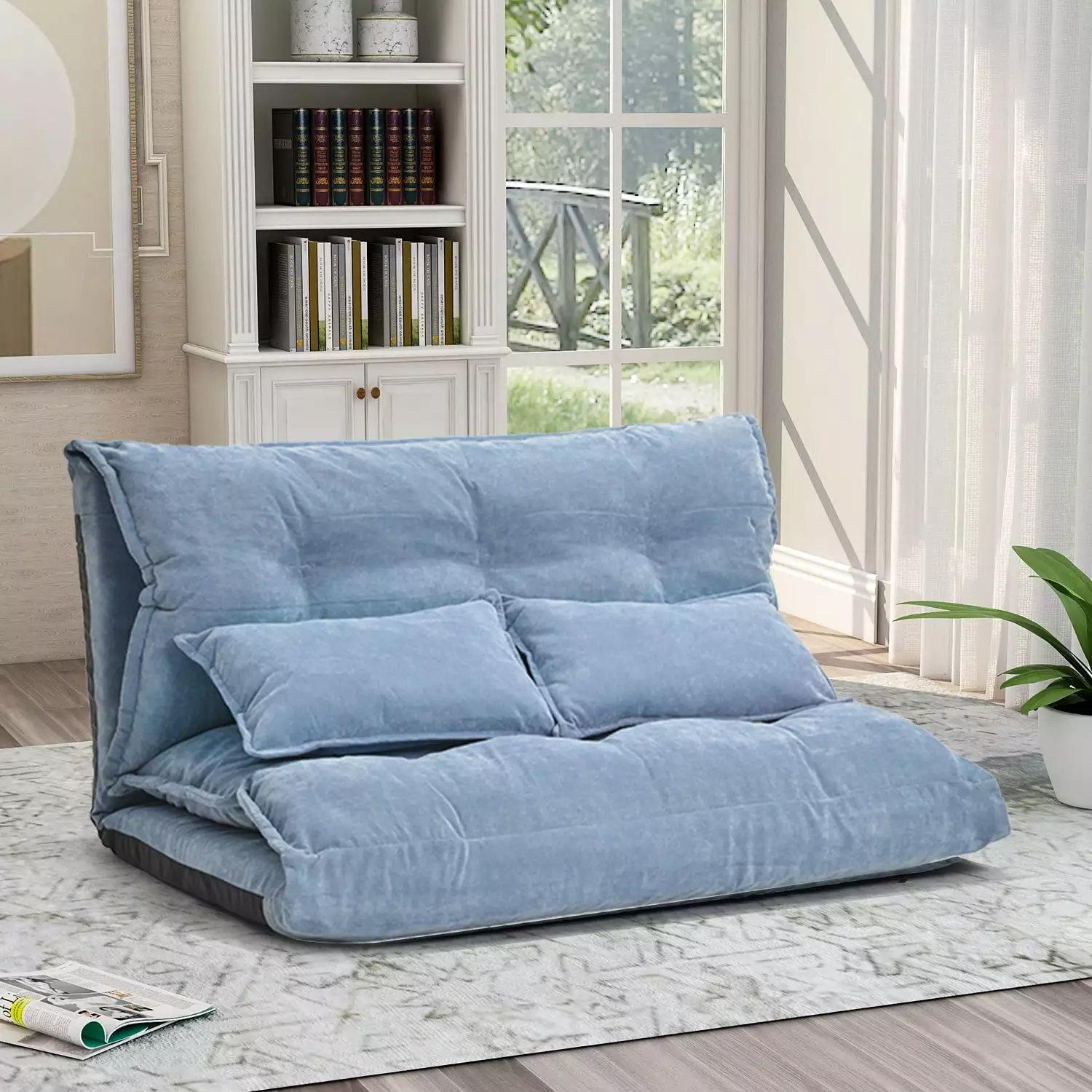 Euroco Lazy Sofa Adjustable Folding Futon Sofa with Two Pillows Video Gaming Sofa for Living Room. Blue